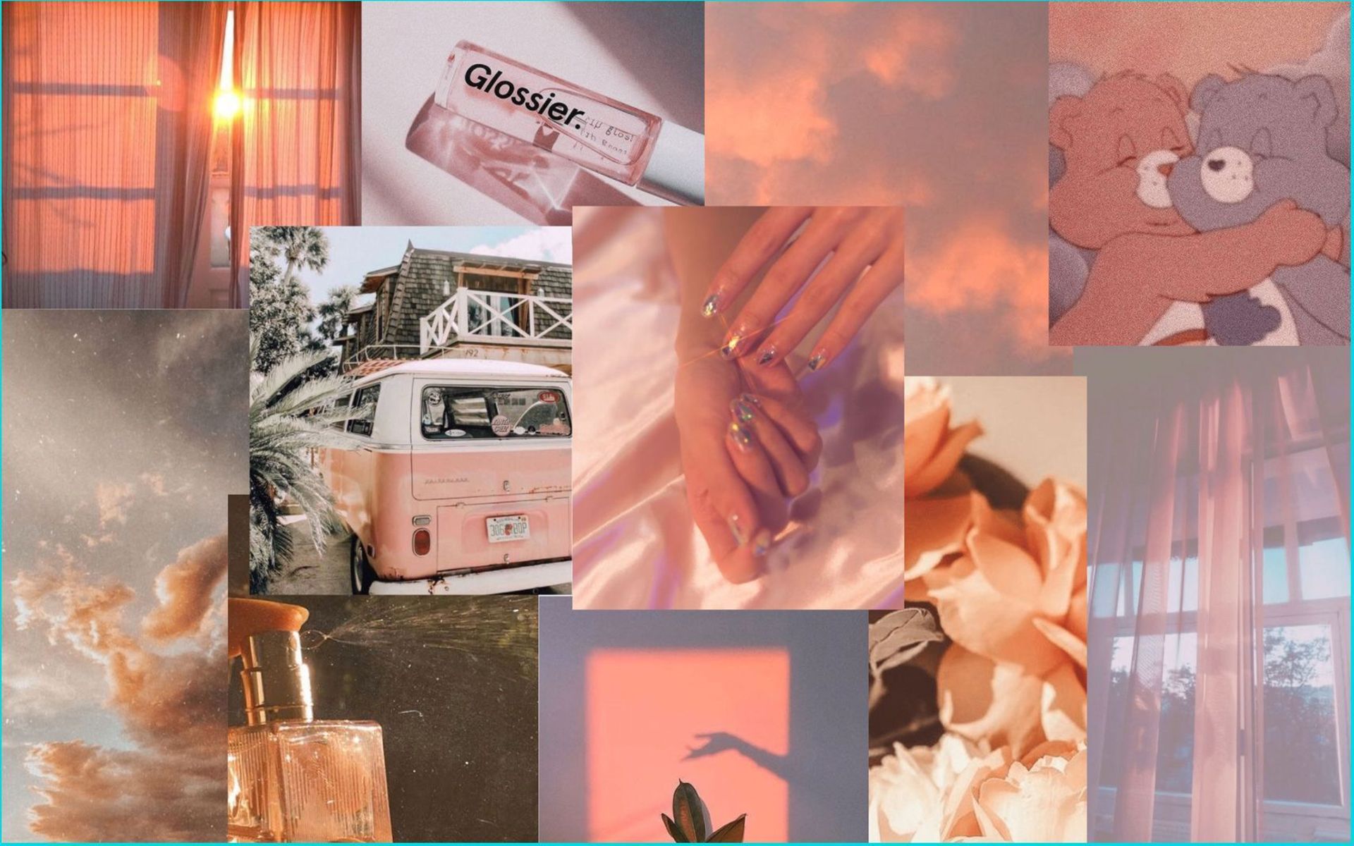 A collage of images including a van, a teddy bear, and a pink box of Glossier. - Peach