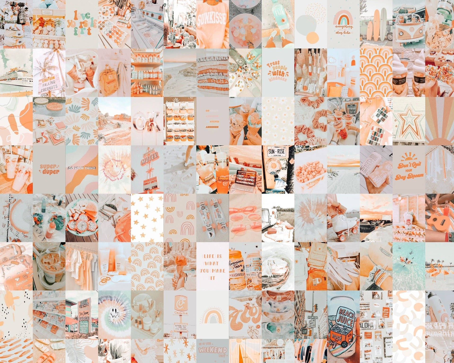 A collage of 60 photos in a white, orange and blue aesthetic. - Peach