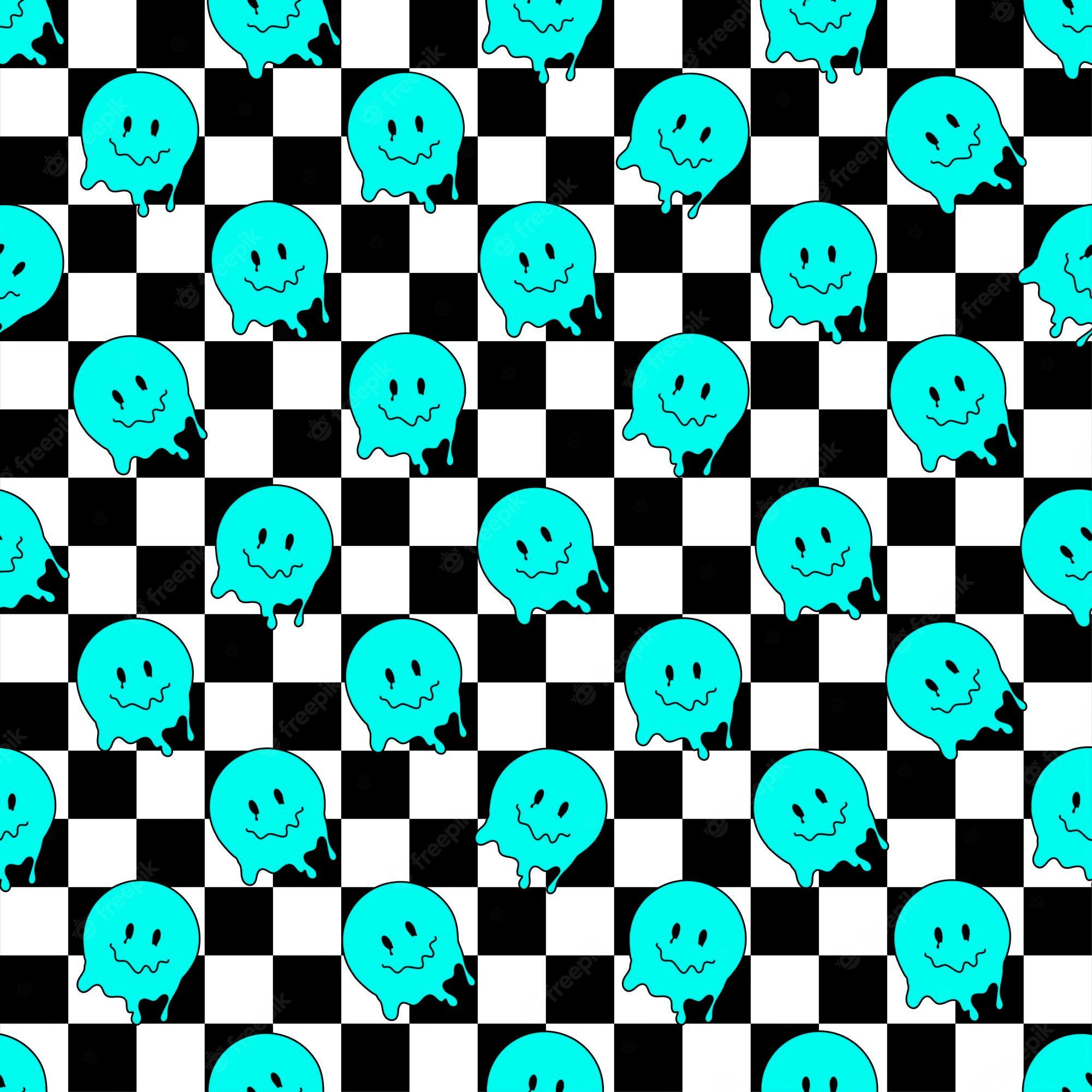 A seamless pattern of blue ghost on black and white checkered background - Y2K, funny