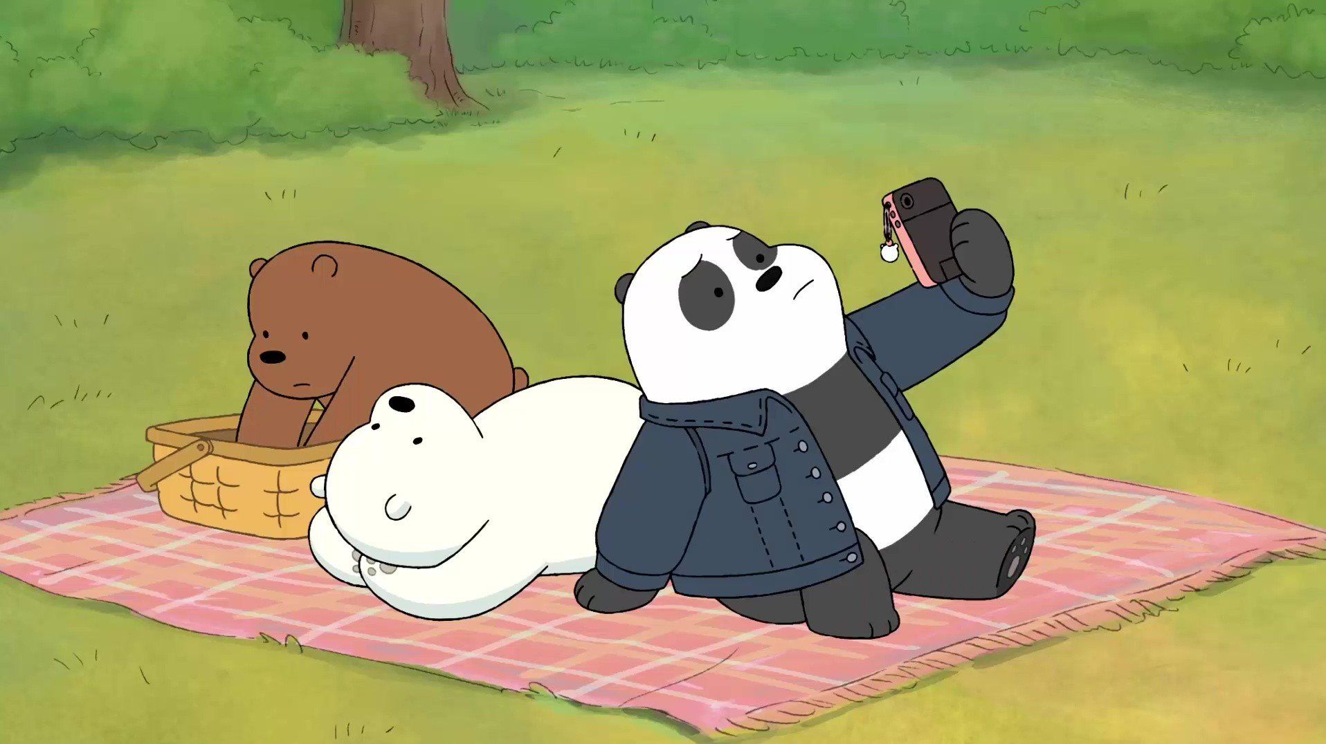 A cartoon panda bear sitting on the ground - We Bare Bears