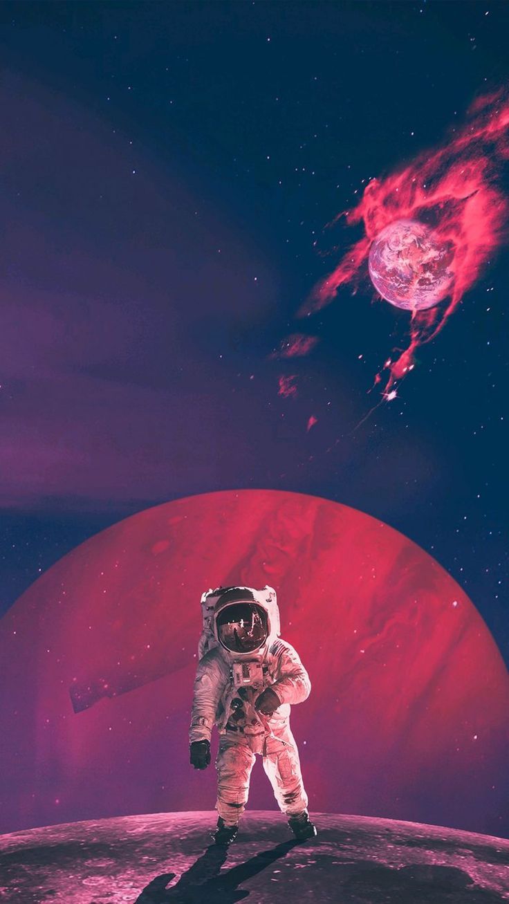 An astronaut on a planet with a red planet in the background - Earth