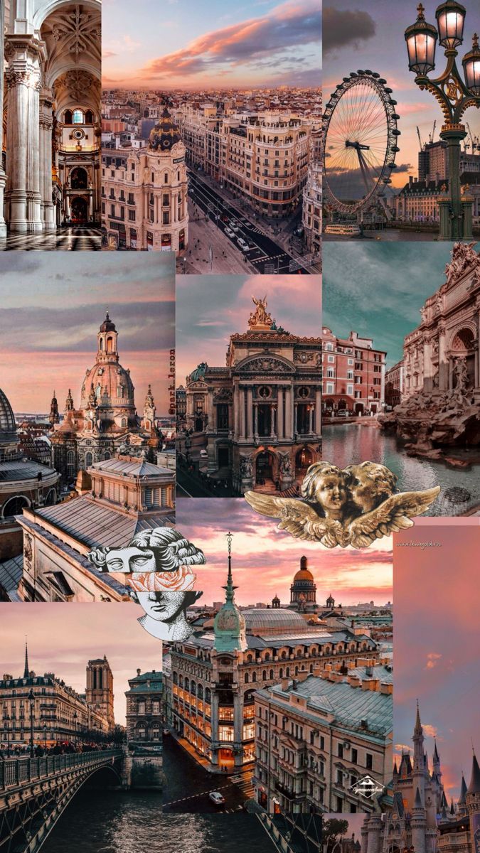 A collage of various cityscape photos in different shades of brown and pink. - Travel, London