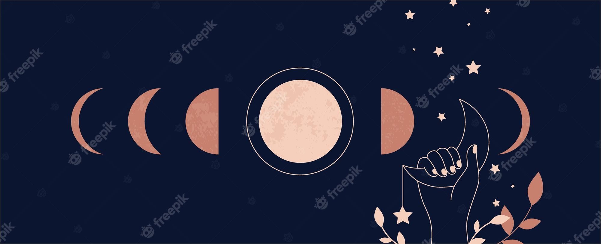 Moon phases banner with female hand holding a crescent moon. Vector illustration. - Moon phases