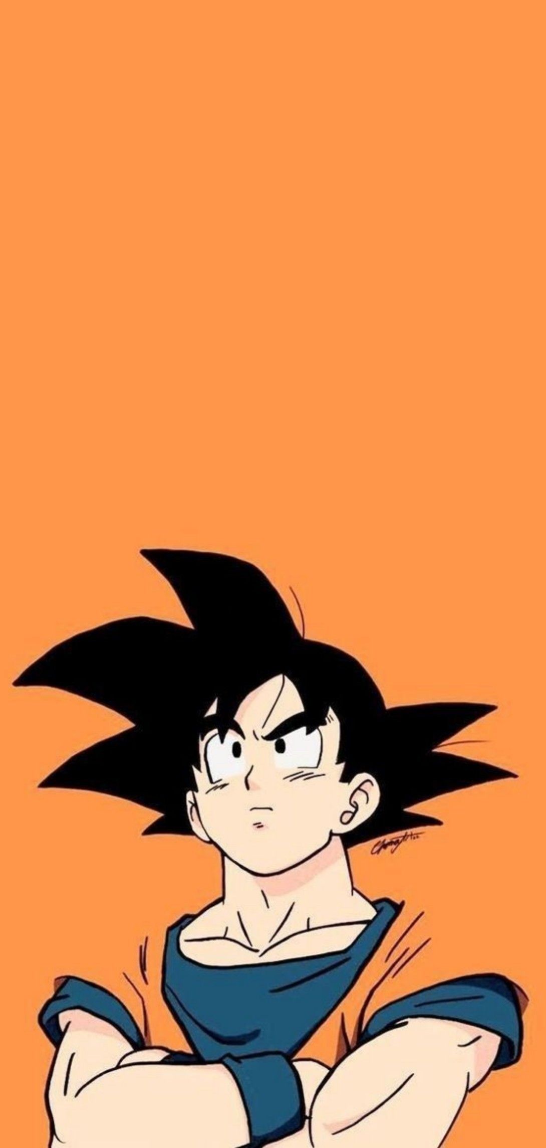 Goku in his blue outfit with an orange background - Goku