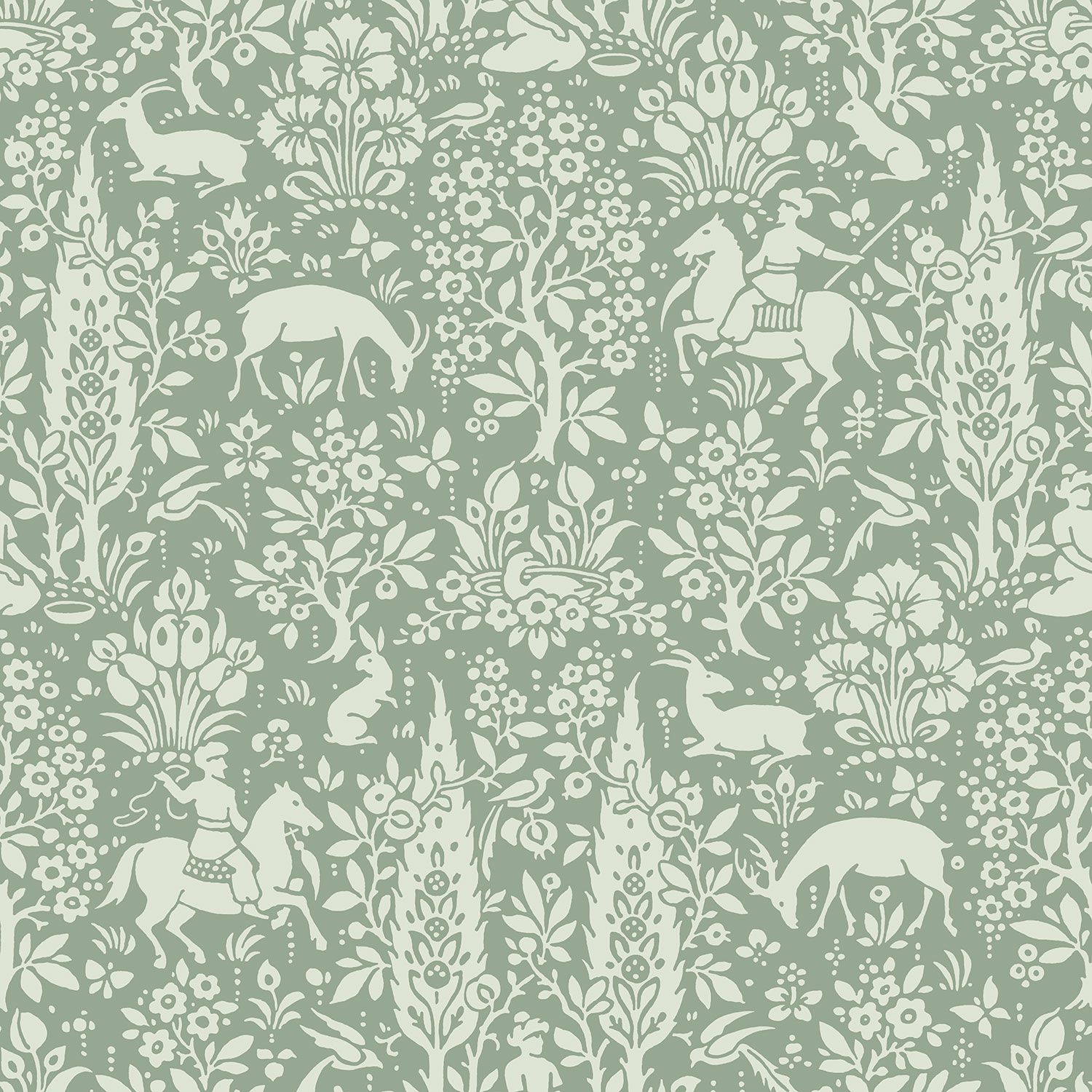 A green and white pattern with animals - Sage green