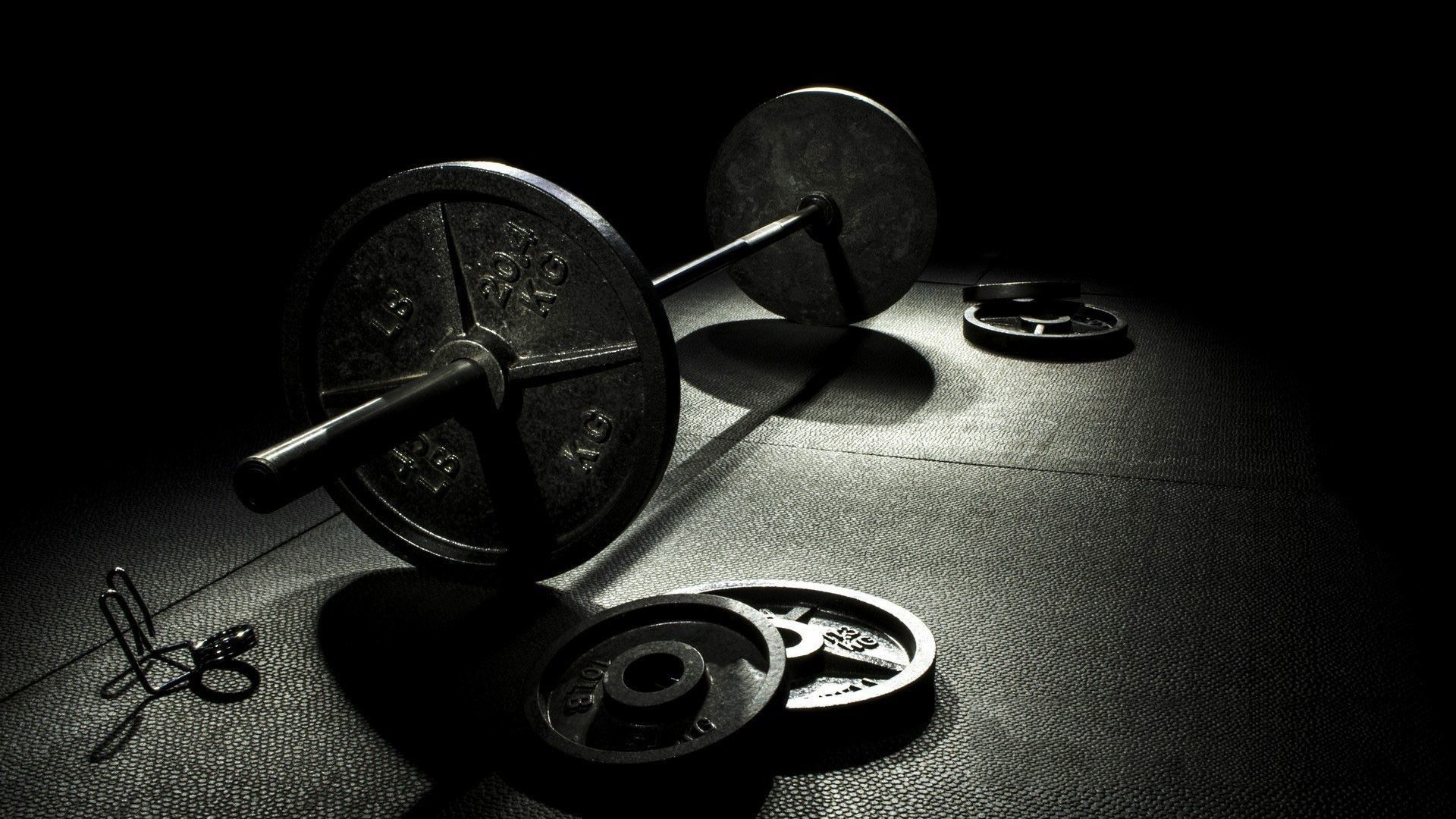 Barbell and weights on the floor in a gym - Gym