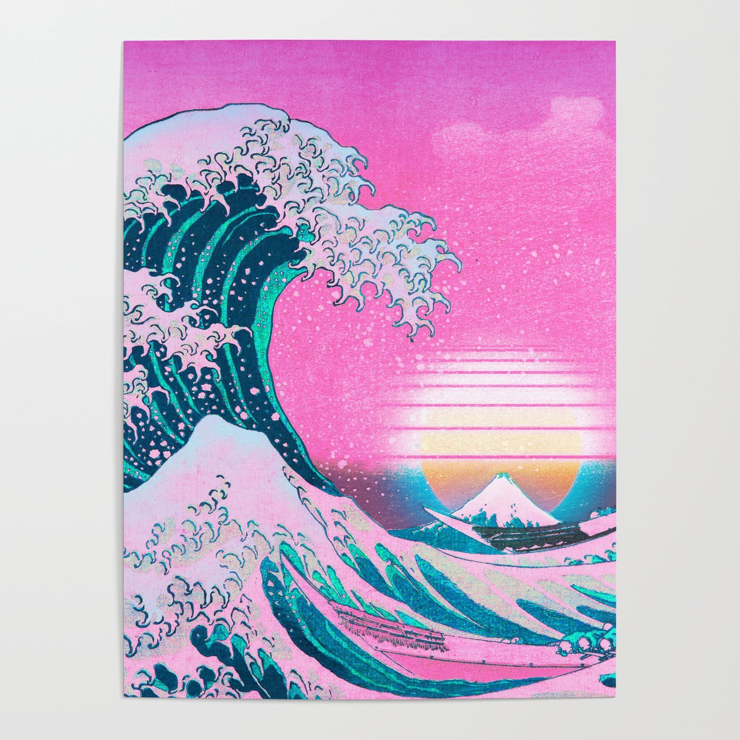 Aesthetic Vaporwave The Great Wave off Kanagawa by Hokusai in pastel pink and blue colors. Poster - Wave