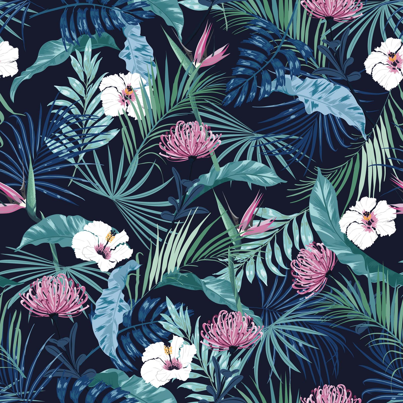 A seamless pattern with tropical leaves and flowers - Tropical