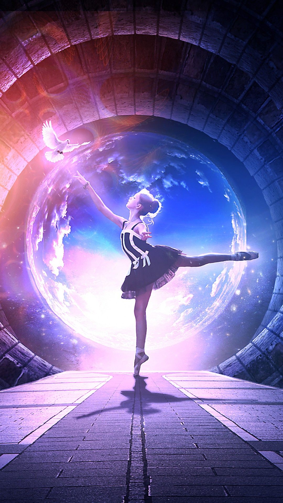 A ballerina in a futuristic setting, with a bird flying in front of a portal. - Dance
