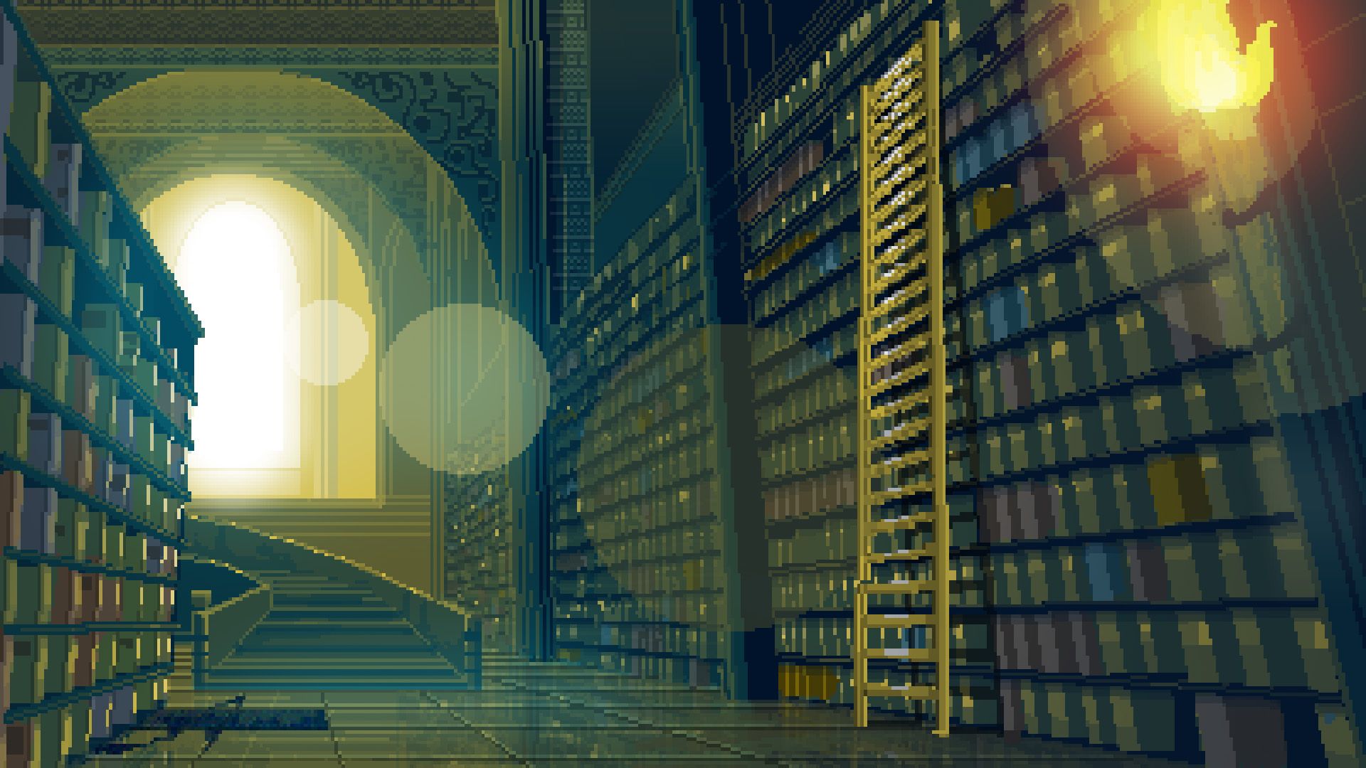 A pixel art image of a library with a golden door and stairs leading to a light. - Library