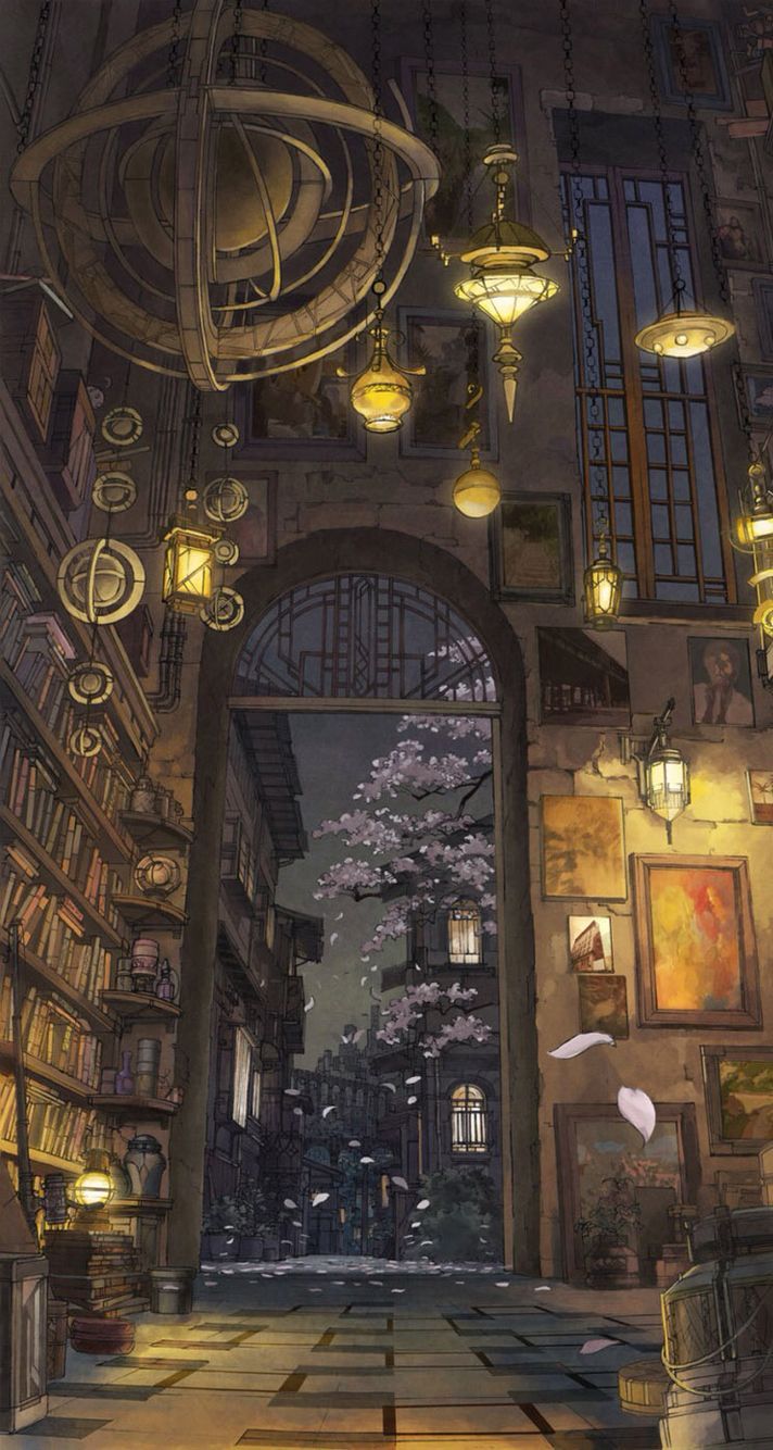 A room with many books and lamps - Library