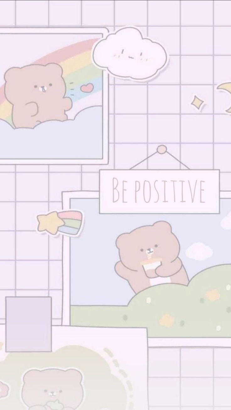A cute bear is sitting on the bed with some posters - Kawaii, cute