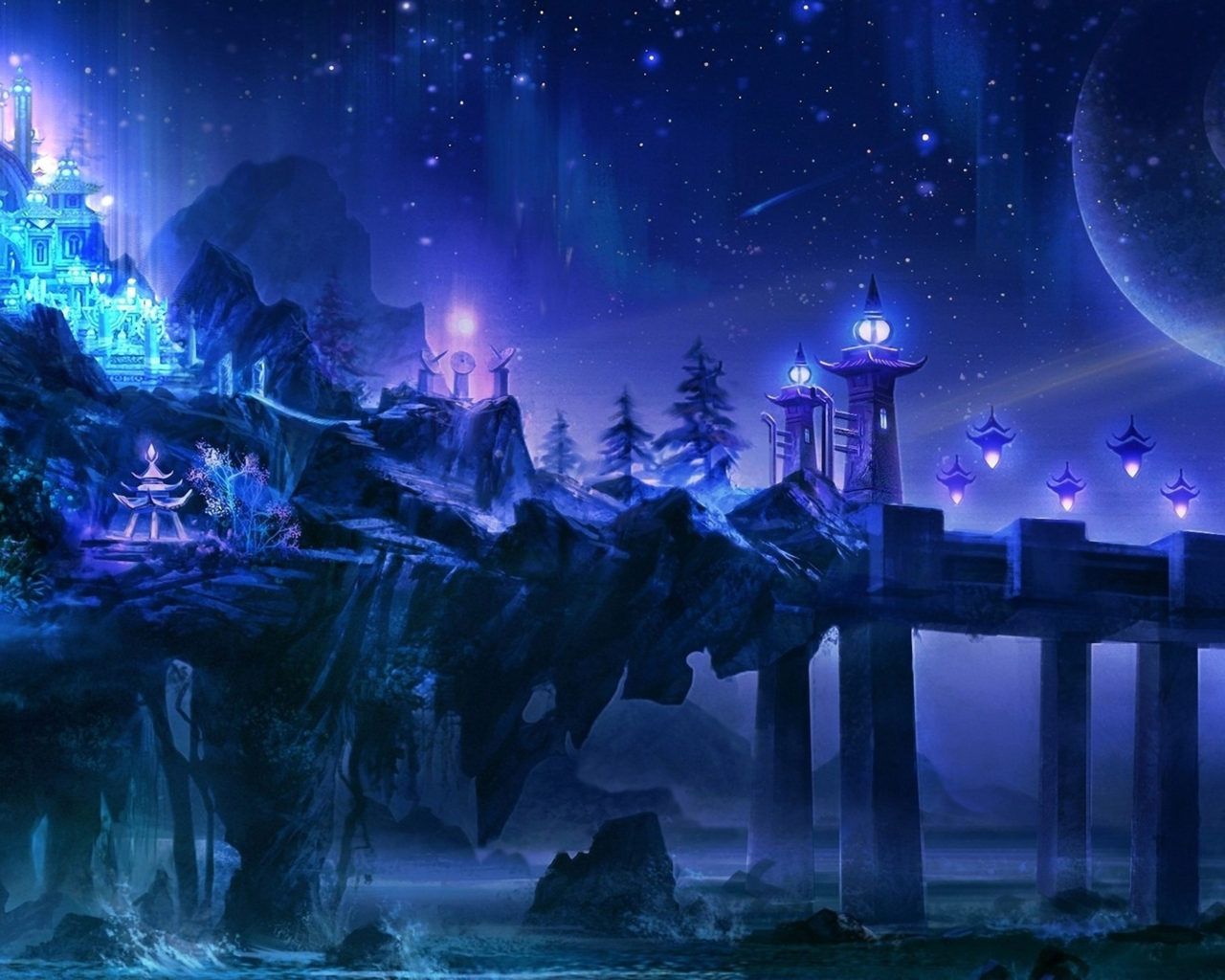 A fantasy castle with blue lighting and stars - Rock