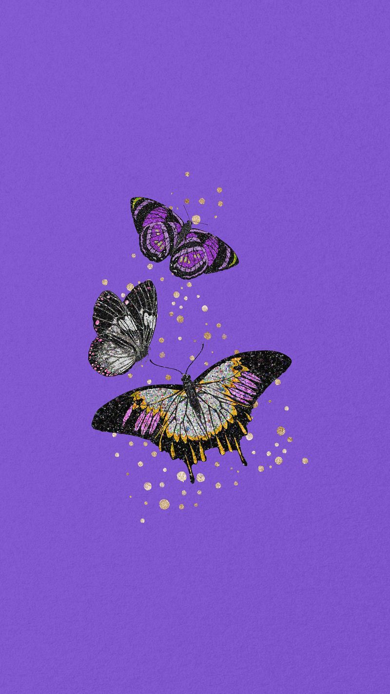 A purple background with three butterflies and gold spots - Purple