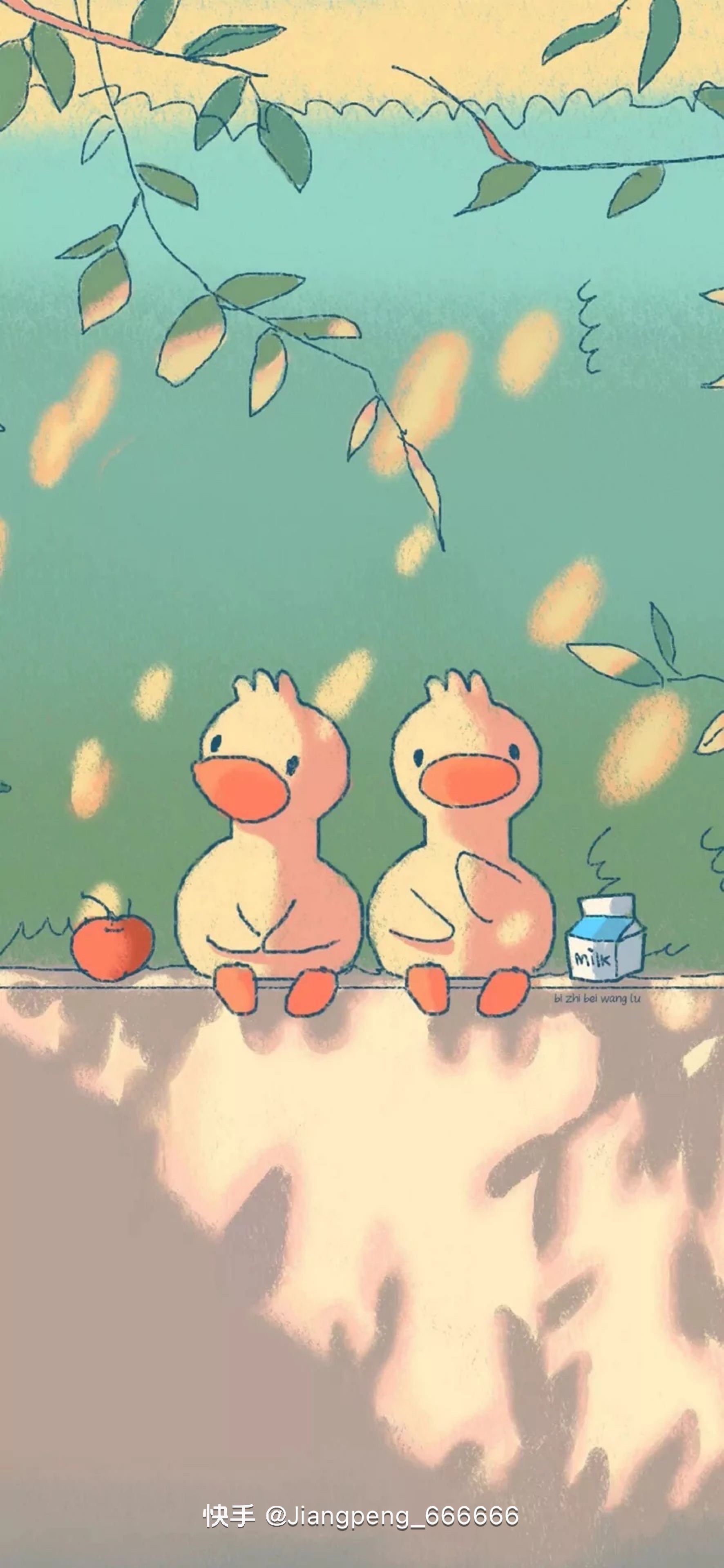 A cute wallpaper of two ducks sitting on a log with apples and milk. - Duck