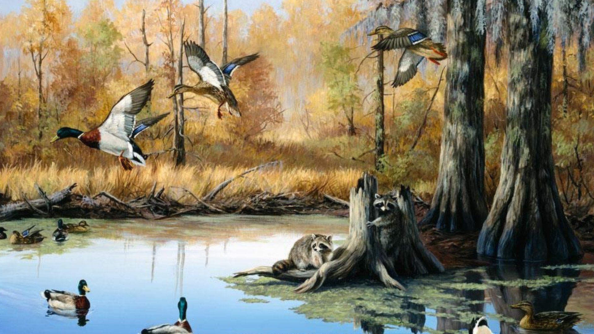 A painting of ducks flying over a pond - Duck