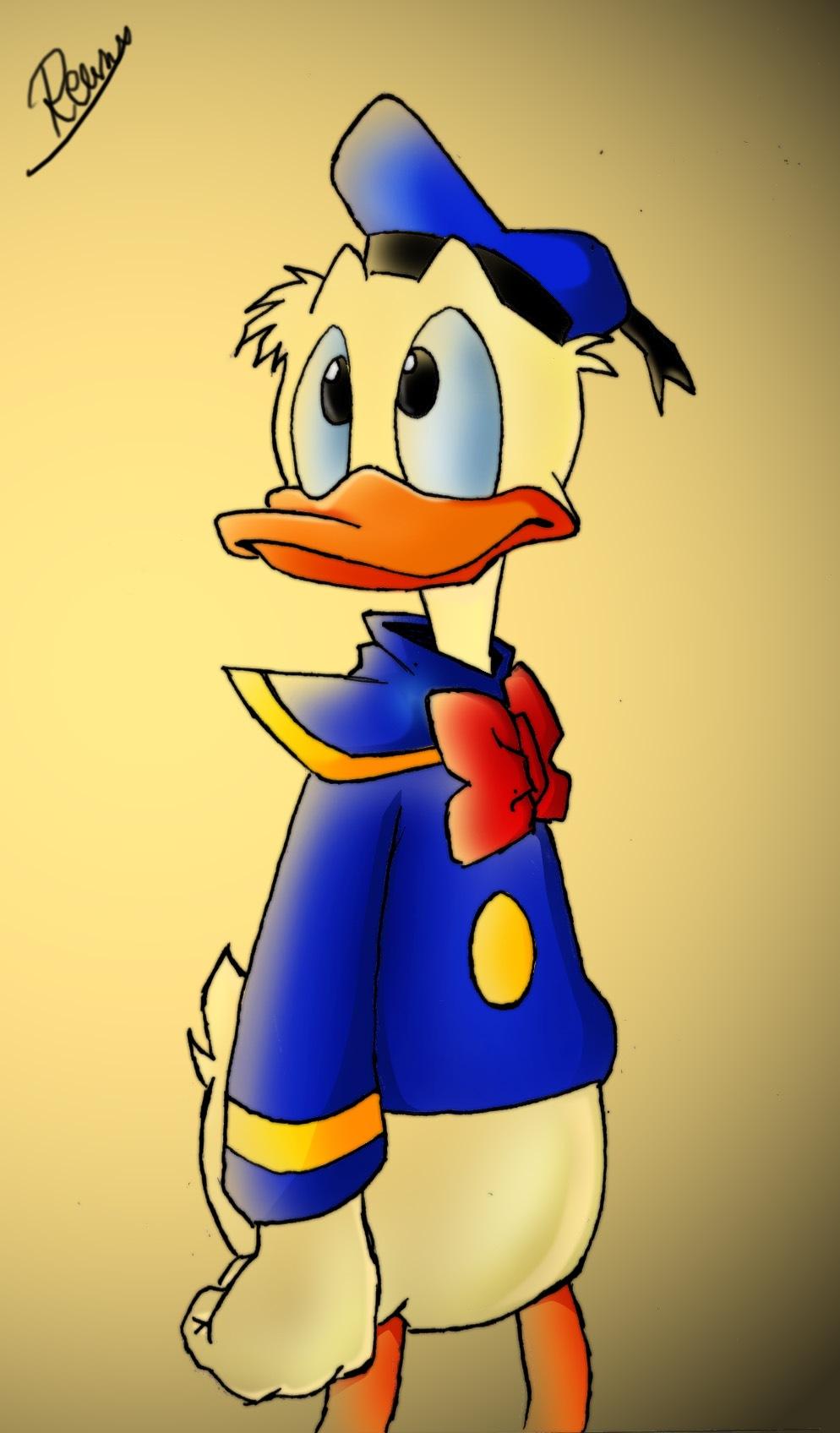A cartoon duck wearing blue and yellow clothing - Duck