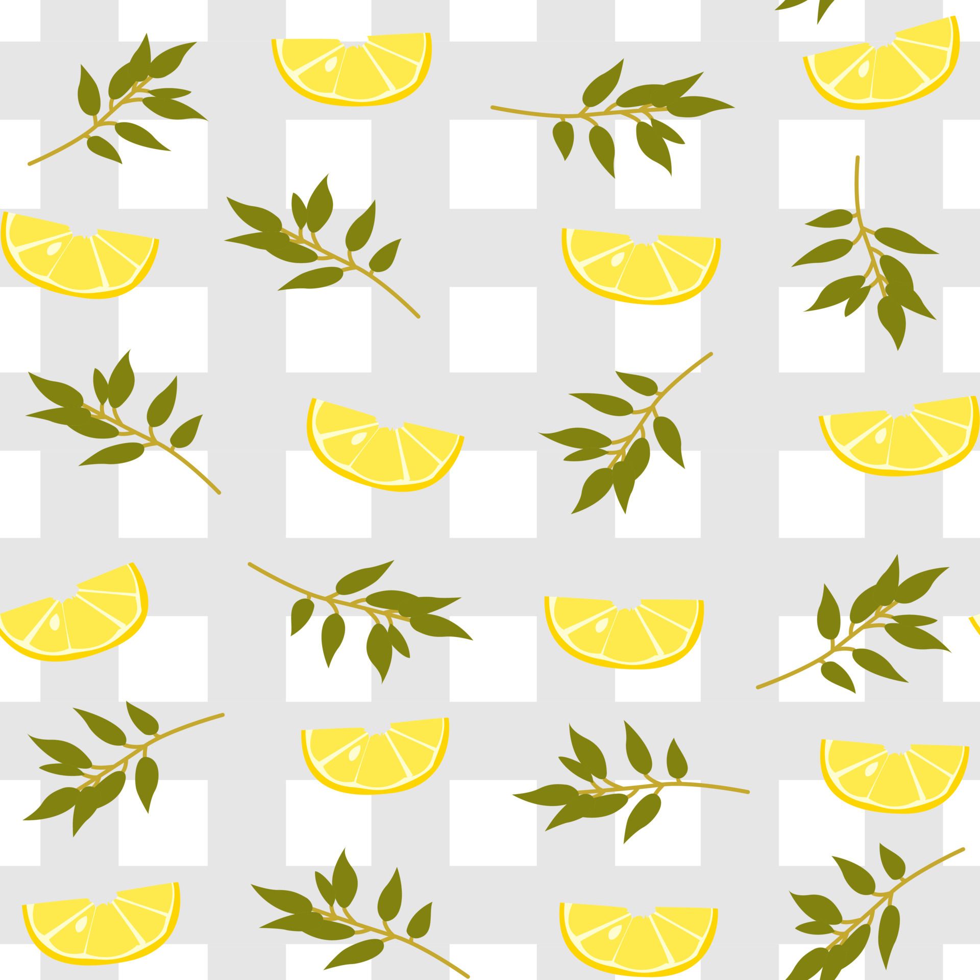 A pattern of lemon wedges and leaves on a checkered background - Lemon