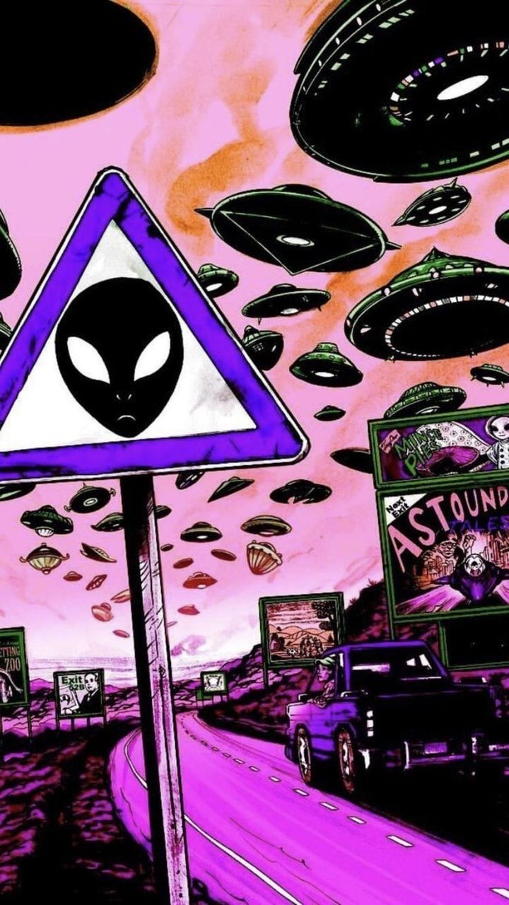 A purple road with aliens and cars on it - Alien