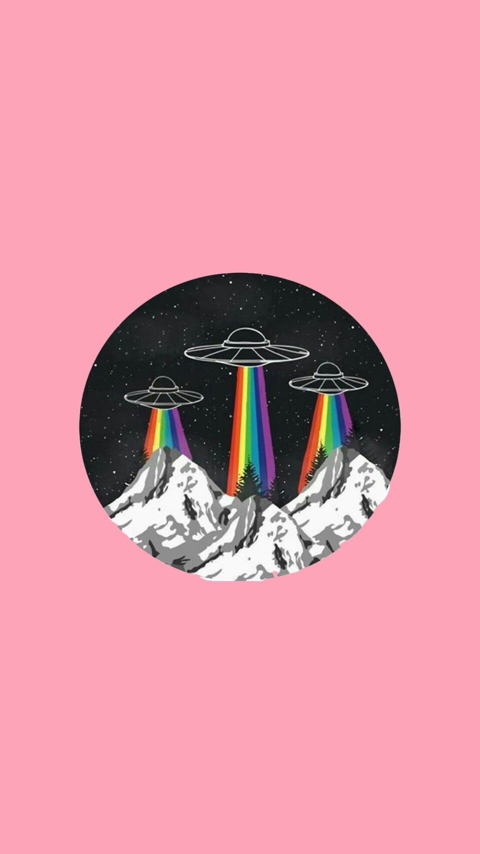 IPhone wallpaper of three flying saucers coming out of the clouds with rainbow beams. - Alien