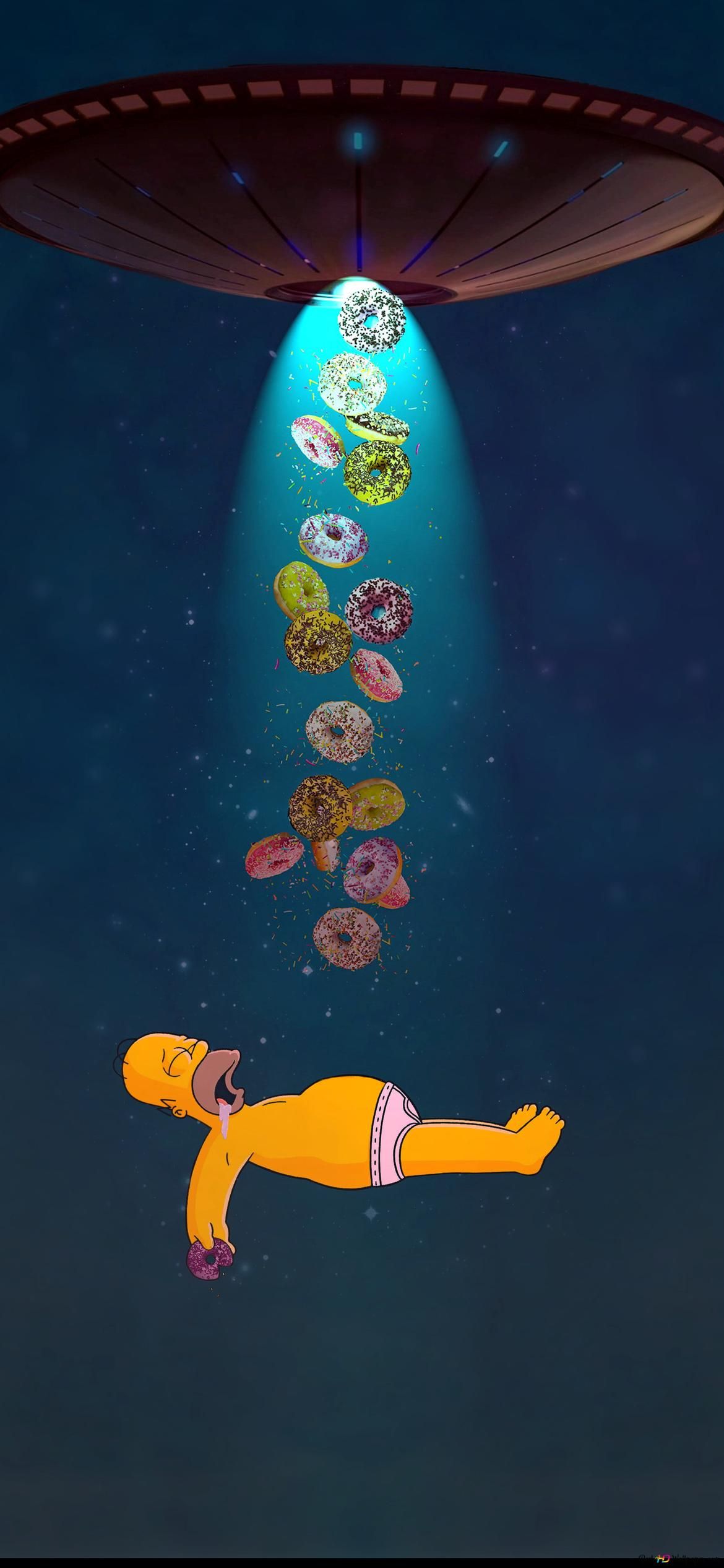 Simpsons cartoon character Homer Simpson dreams that it's raining donuts and donuts from his spaceship 2K wallpaper download