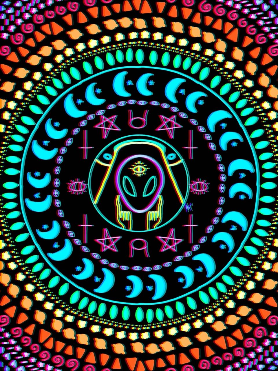 A colorful mandala with an alien in the center - Alien