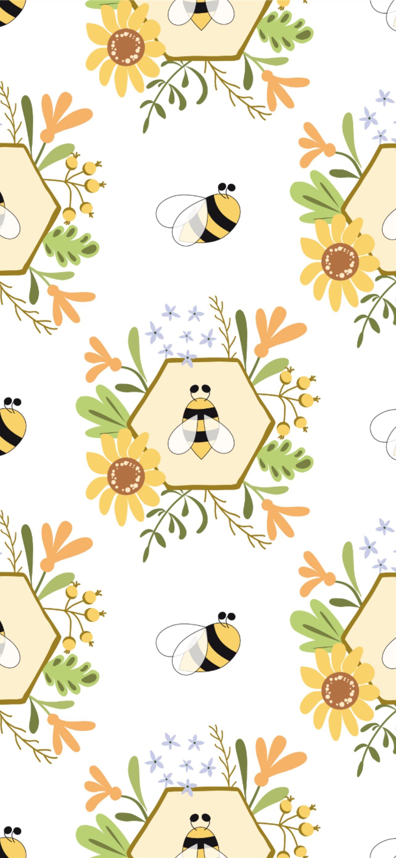 A pattern of bees and flowers on a white background - Bee, honey