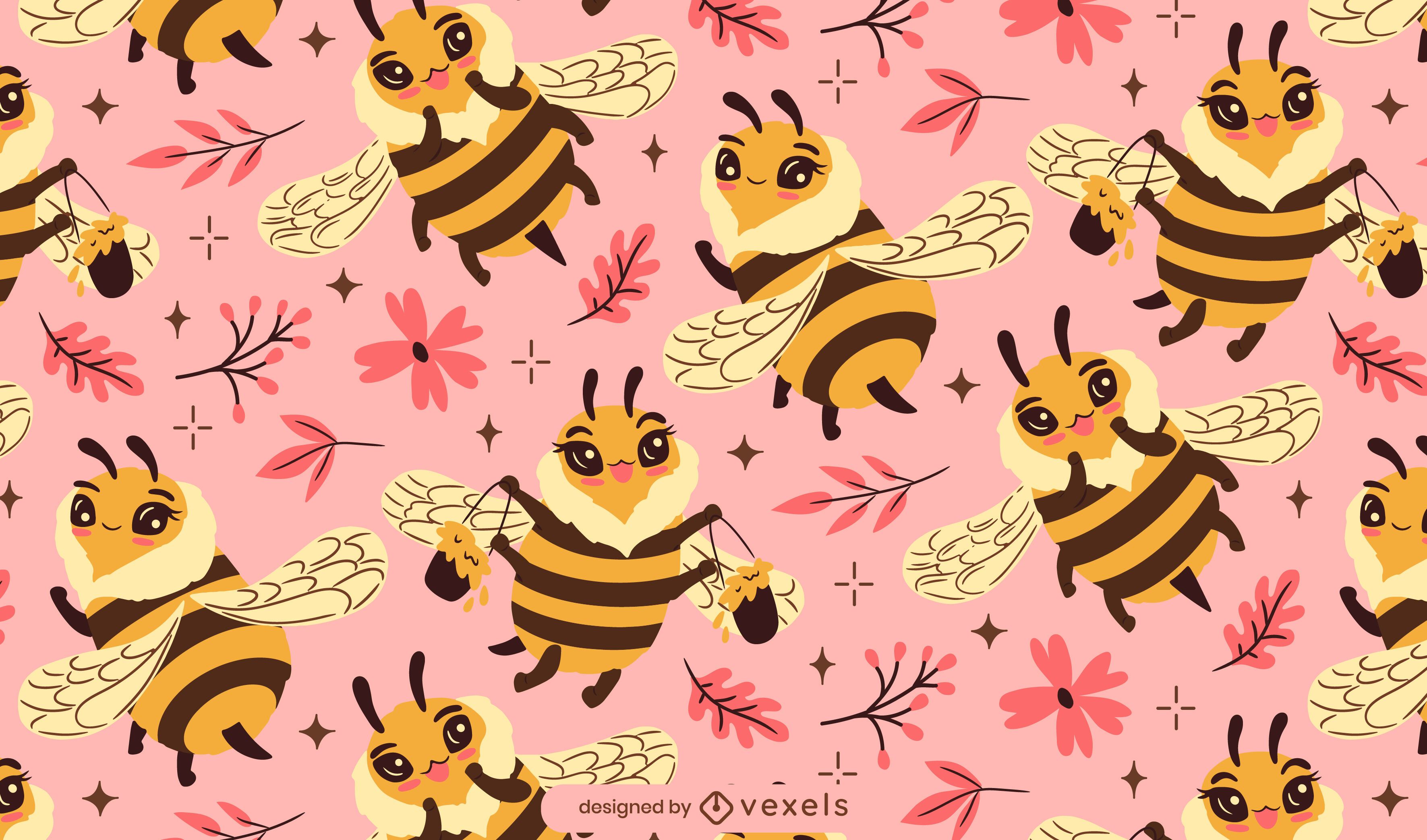 Cute bees with flowers on a pink background - Bee
