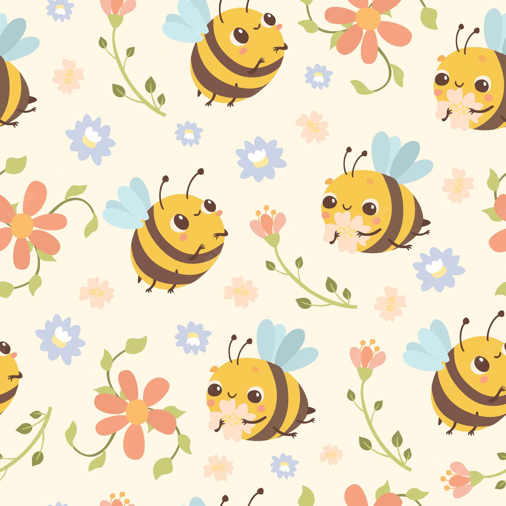 A cute bee pattern with flowers and leaves - Bee
