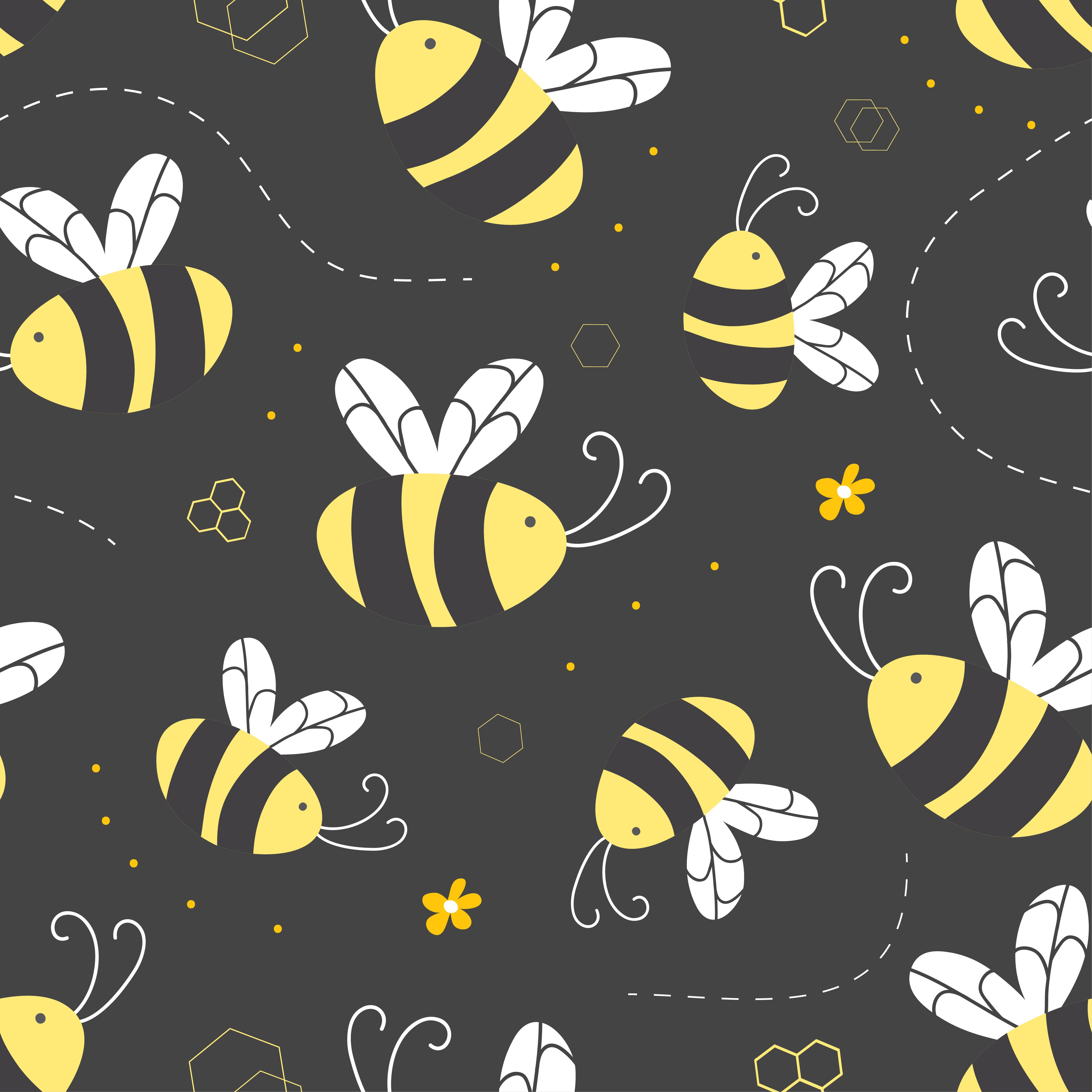 A pattern of bees and flowers on black background - Bee