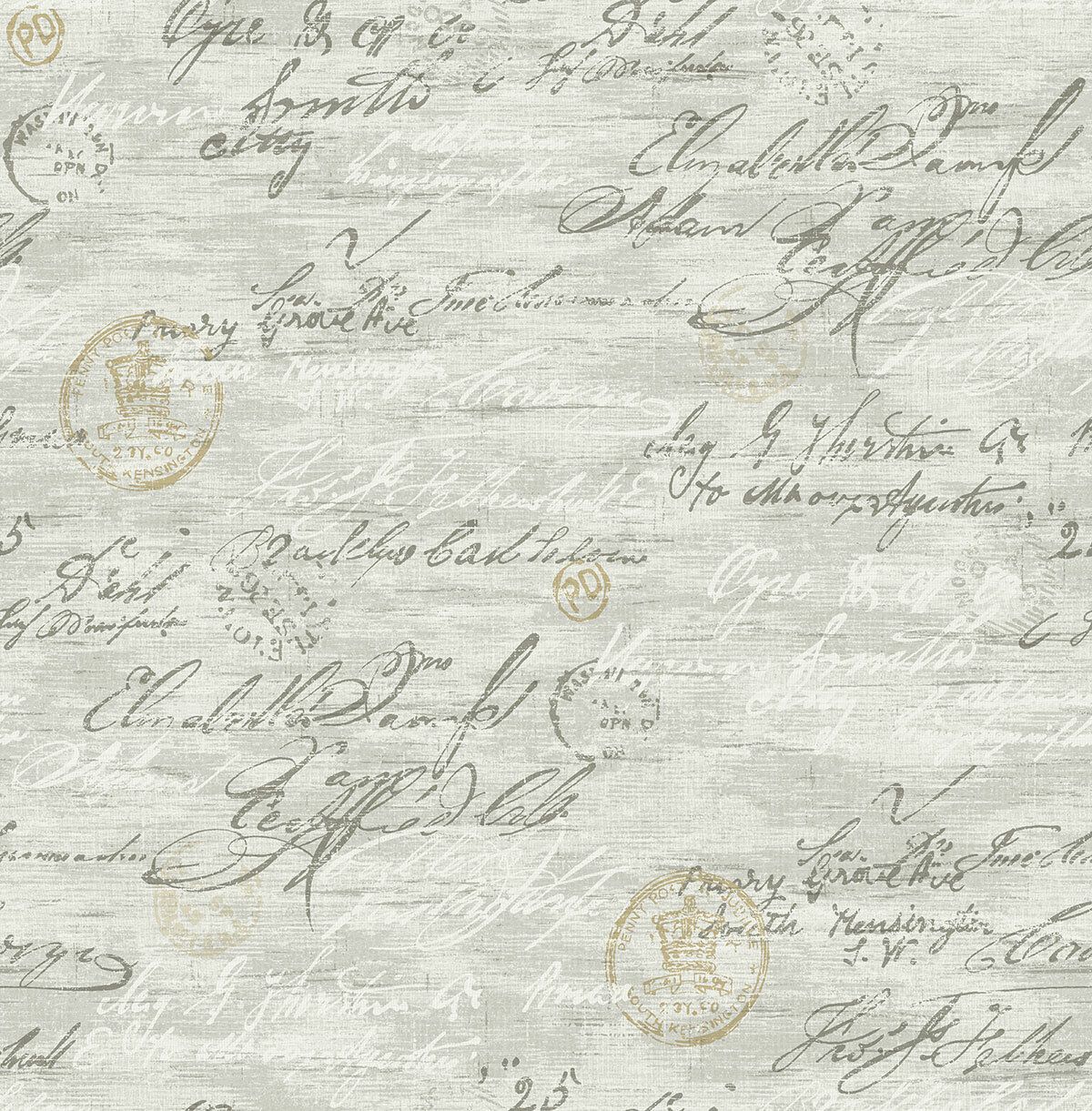 This is a grey and white vintage script wallpaper with a linen texture. - Silver