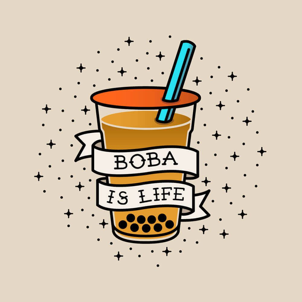 A graphic of a cup of bubble tea with a banner around it that says 