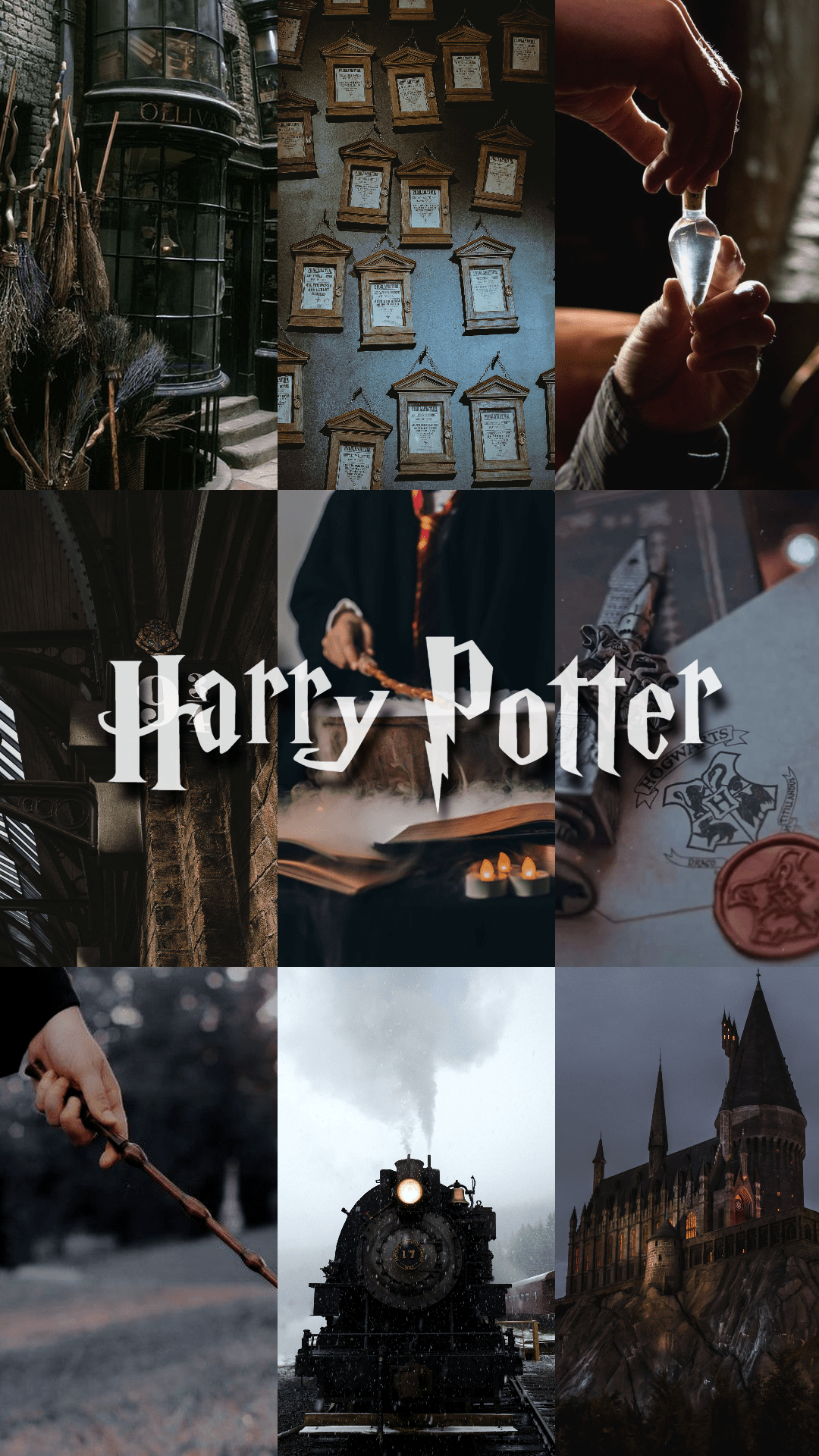 A collage of Harry Potter images including Hogwarts, a wand, and a train. - Harry Potter