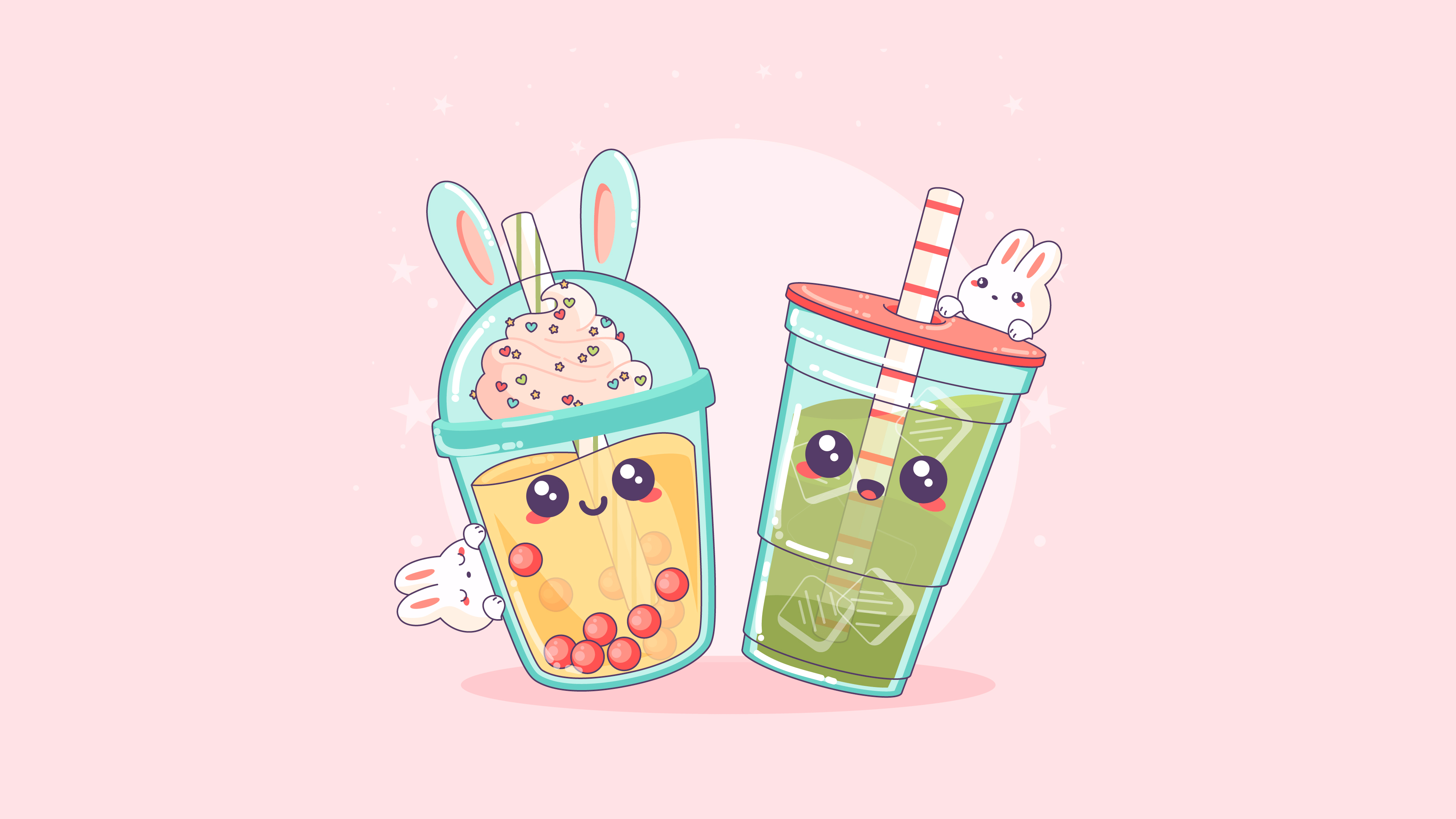 Two cute cartoon characters holding cups of drinks - Boba, kawaii