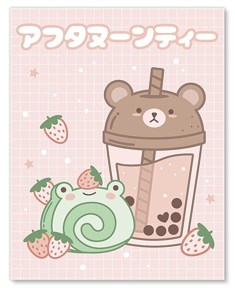 Frog Cake and Boba Tea Wall Art Print -Afternoon Tea in Japanese Kanji Strawberry Pink Kawaii Room Decor Aesthetic : Handmade Products