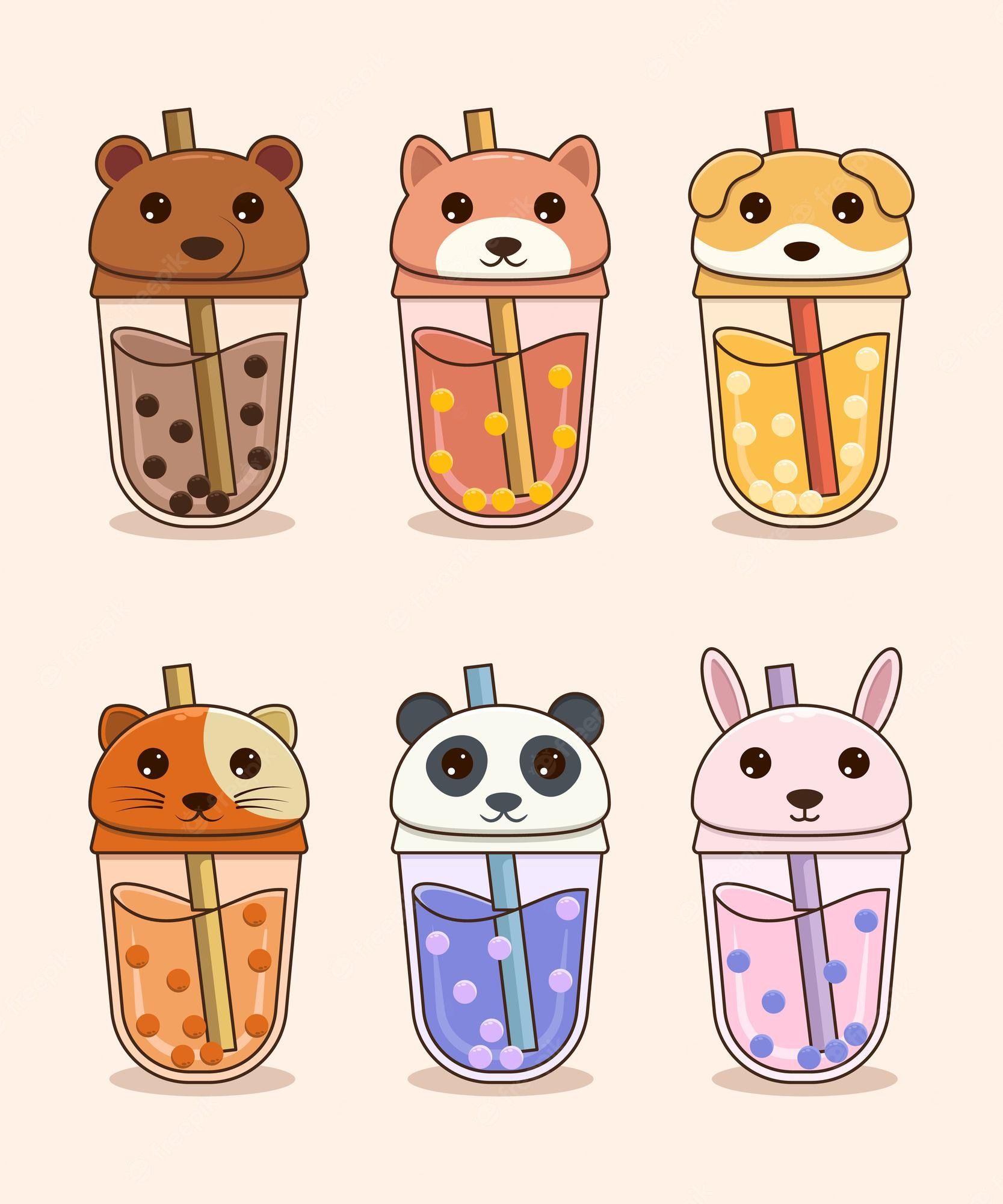A set of cute animals with straws in their mouth - Boba