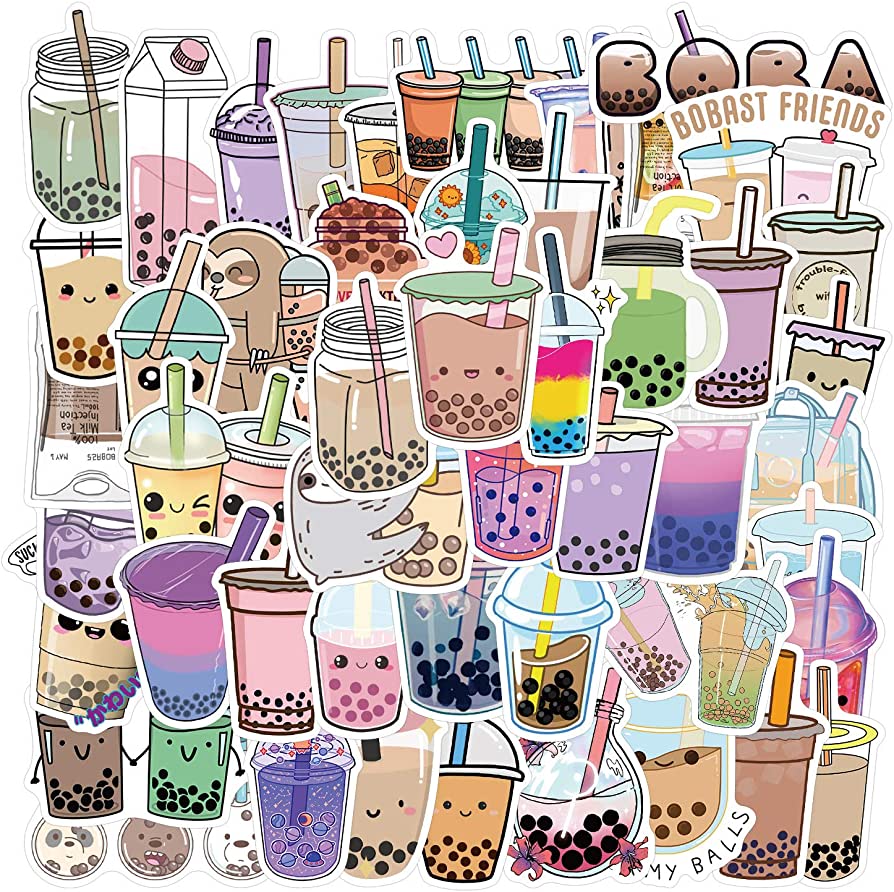 A sticker sheet with various types of bubble tea. - Boba