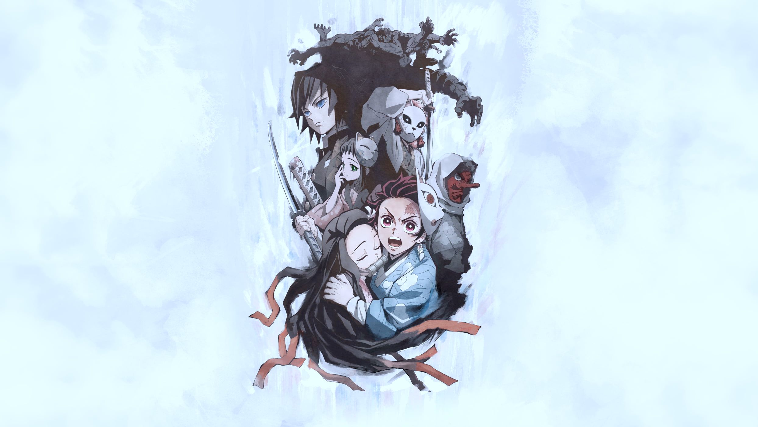 The main characters of Demon Slayer: Kimetsu no Yaiba, in a blue and white illustration. - Demon Slayer, Nezuko
