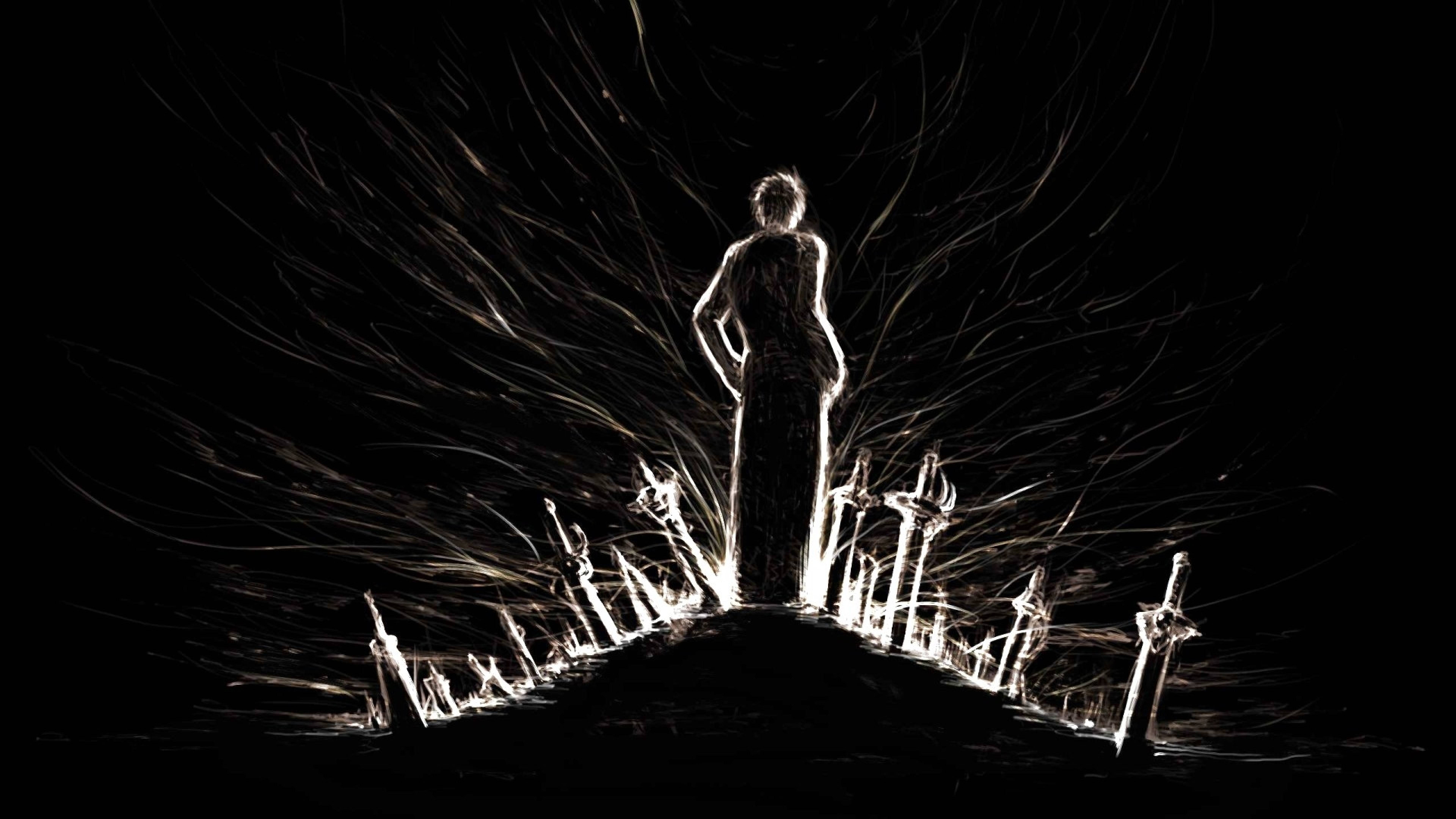 A figure stands on a hill, surrounded by light sabers. - Creepy