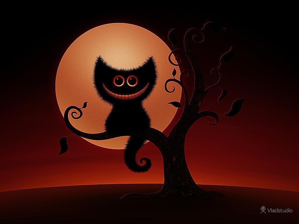 Cheshire cat sitting on a tree branch in front of a full moon - Creepy