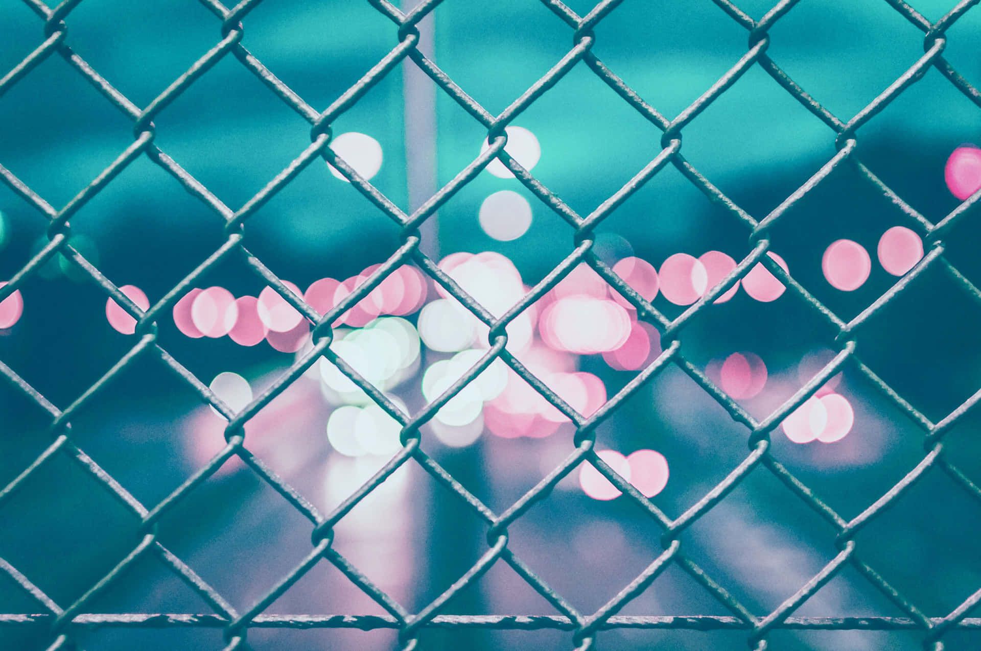 A chain link fence with bokeh lights in the background. - Cyan