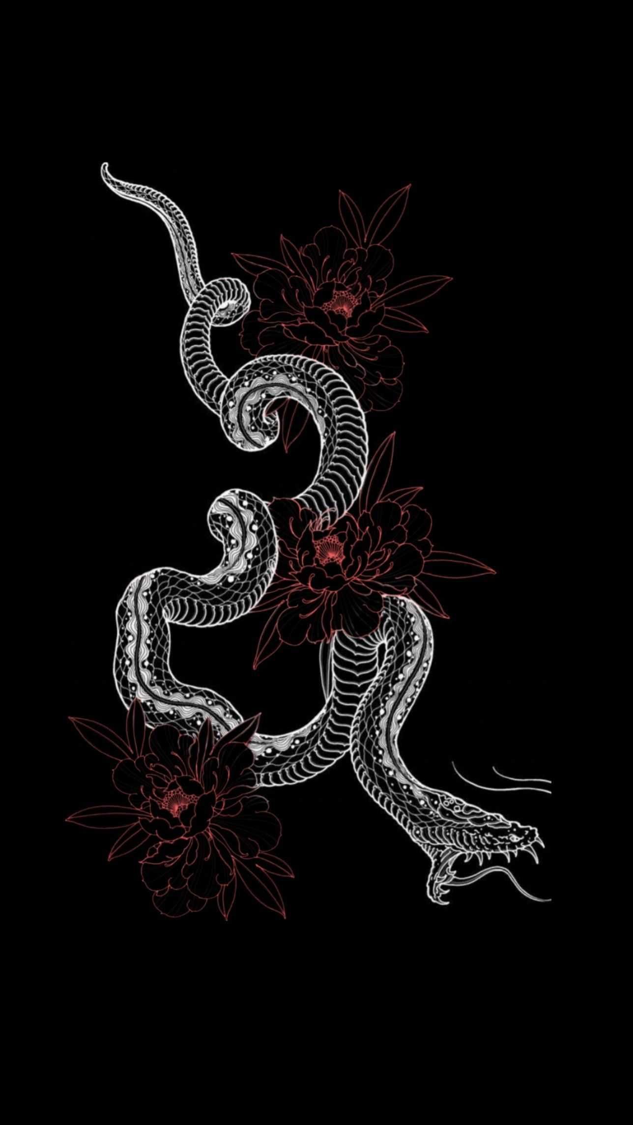 A black and white snake with flowers on it - Dragon, Japanese, snake