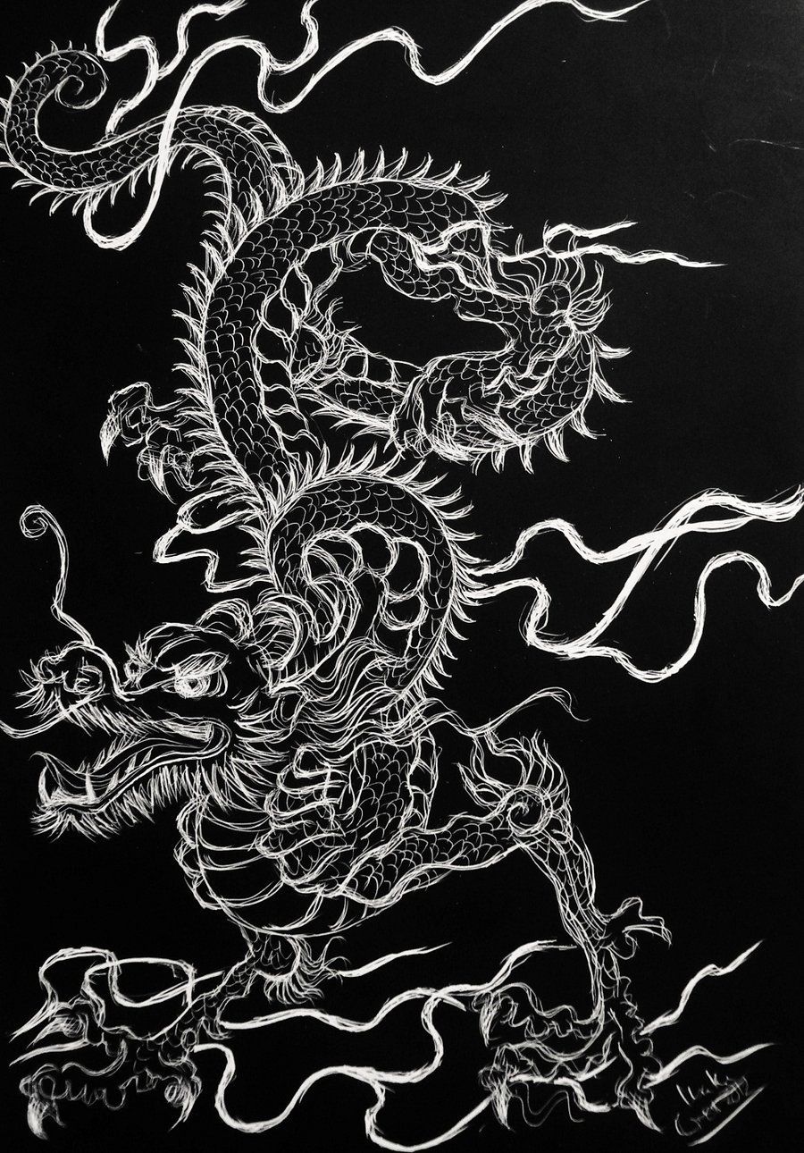 A black and white drawing of a dragon - Dragon