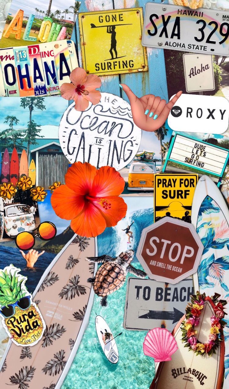 Collage of surfing signs, flowers, and stickers - Surf