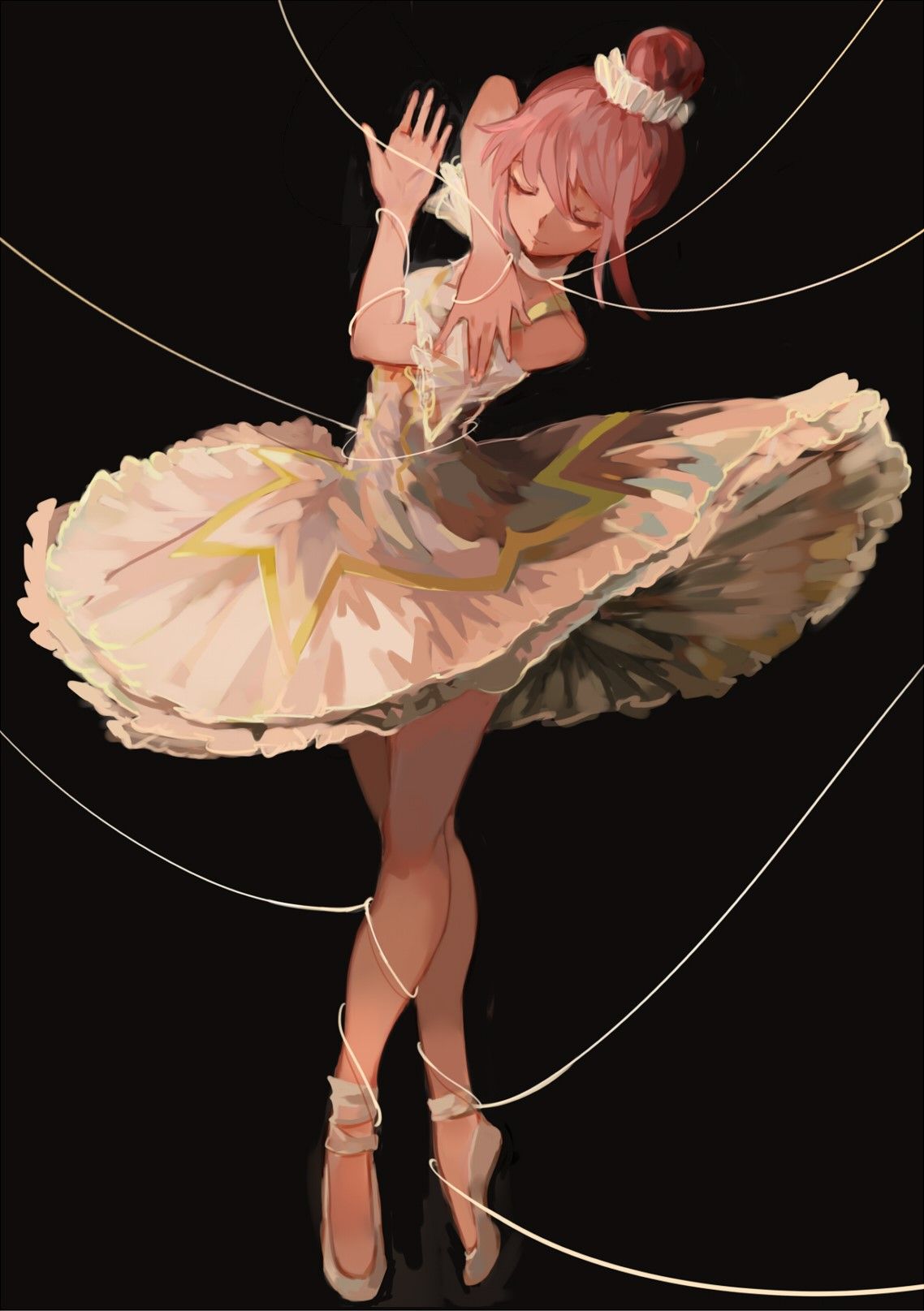 A pink-haired girl in a frilly dress dances with her arms raised. - Ballet