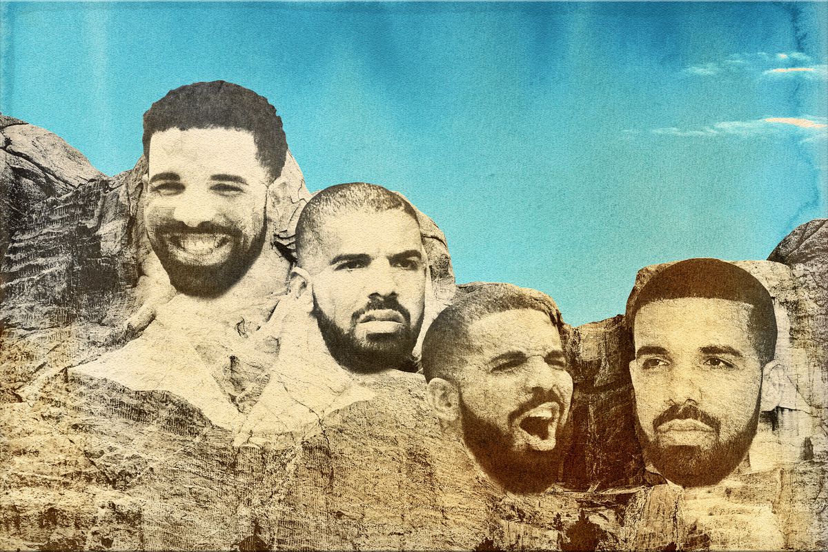 A graphic of Mount Rushmore with the faces of the artists on the monument. - Drake