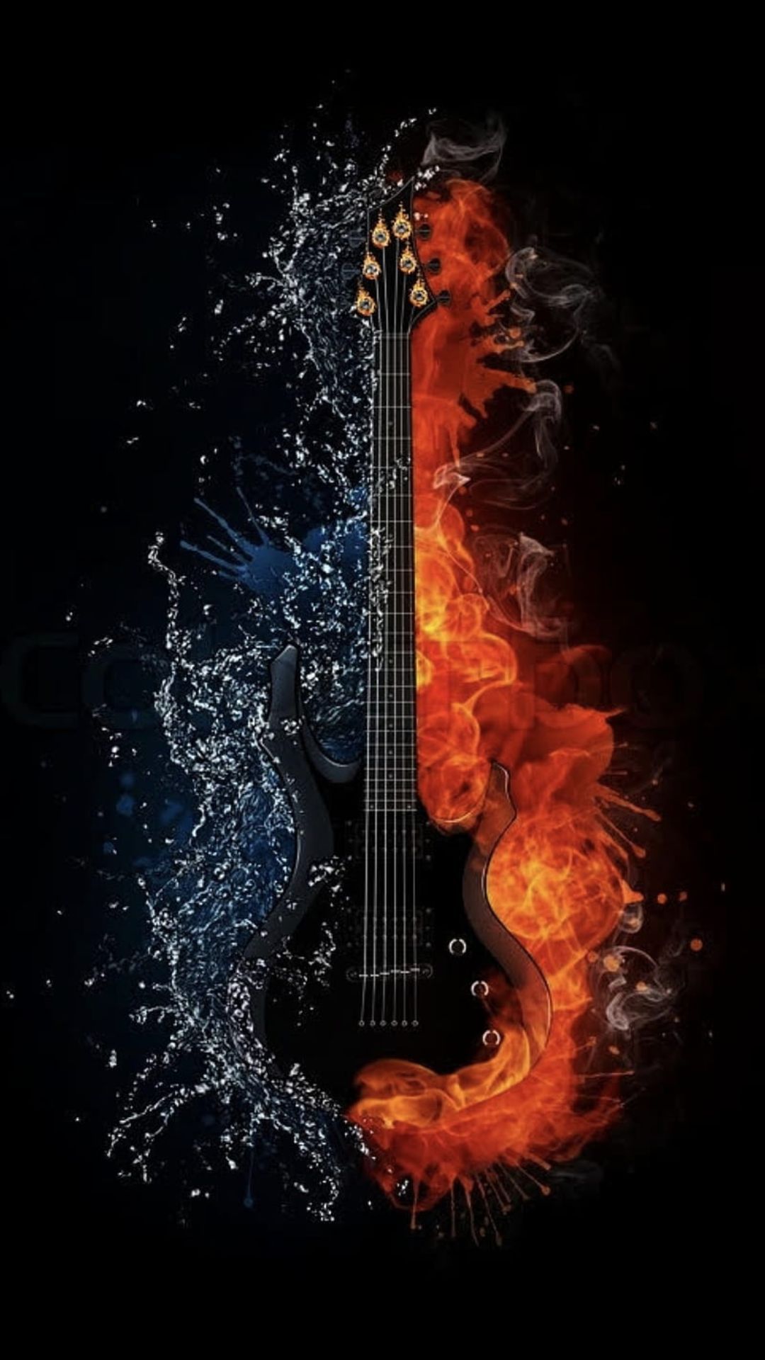 A guitar with flames and water in the background - Guitar