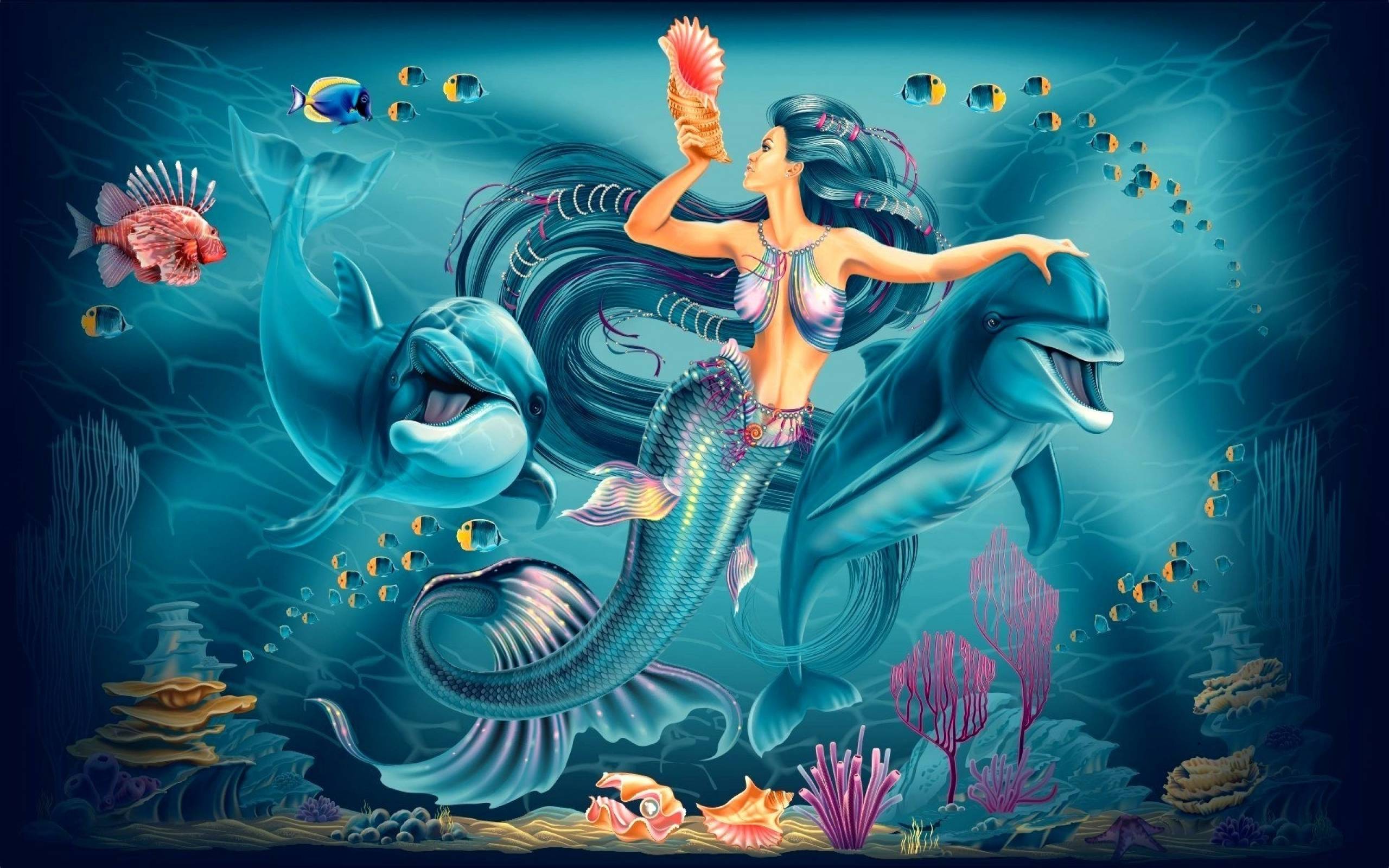 A mermaid and two dolphins in the ocean - Mermaid