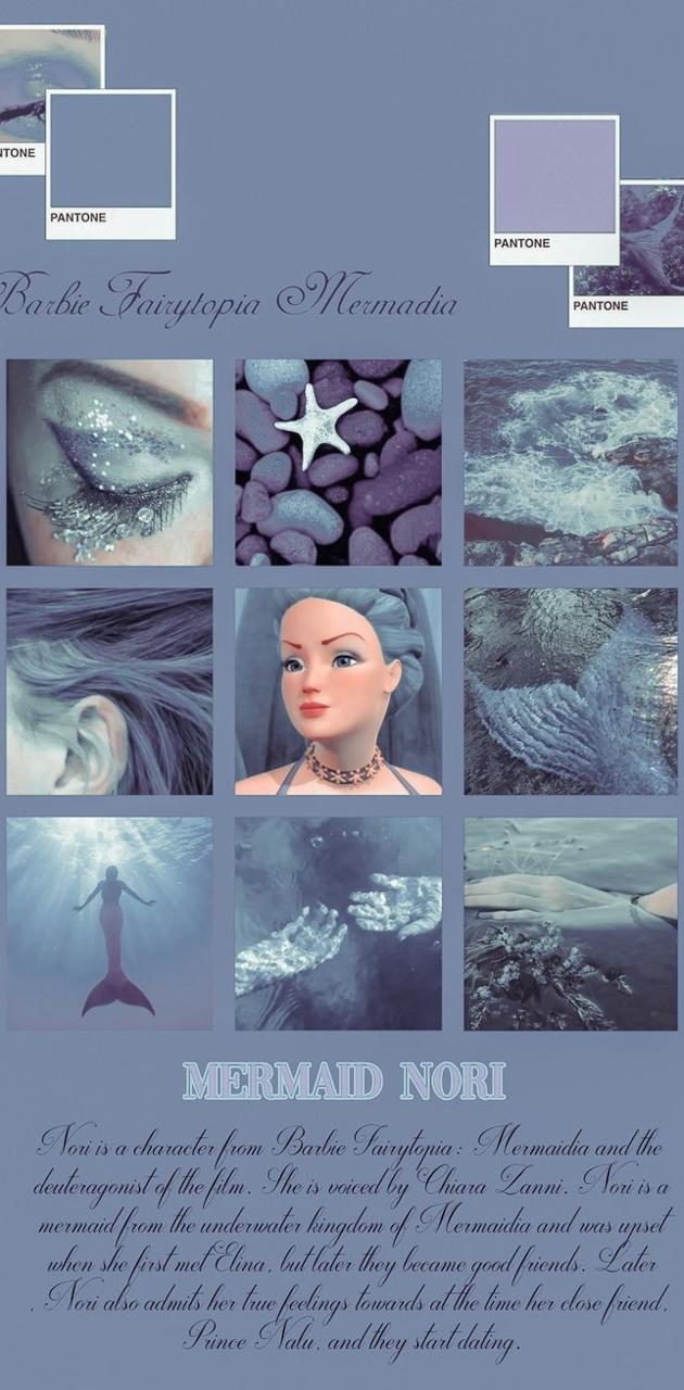 A collage of images of Mermaid Nori, including her eyes, hair, and a shell. - Mermaid