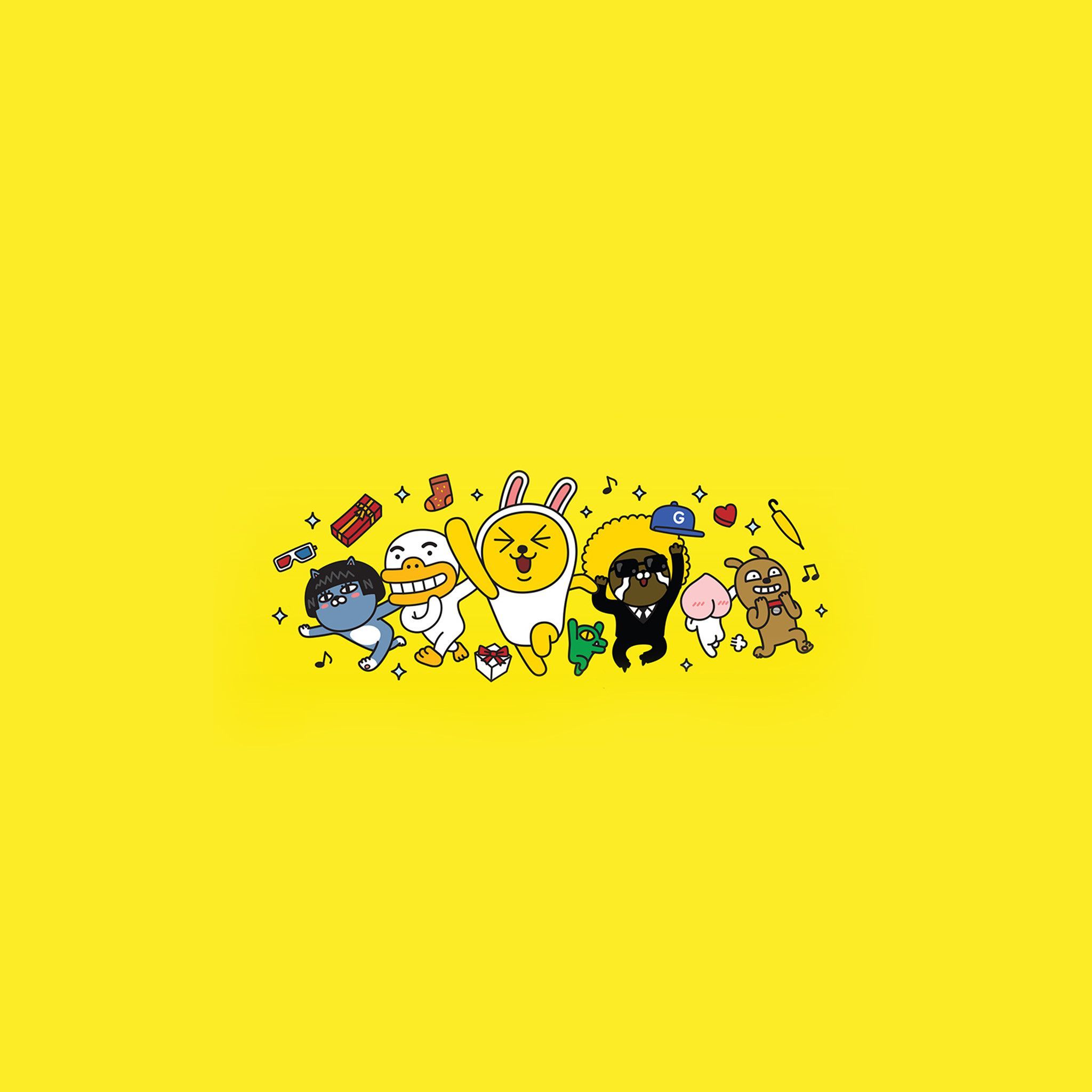 A yellow wallpaper featuring the six main Kakao friends characters, BROWN, PINK,CONY, RYAN, LUCY and MANG. - Light yellow